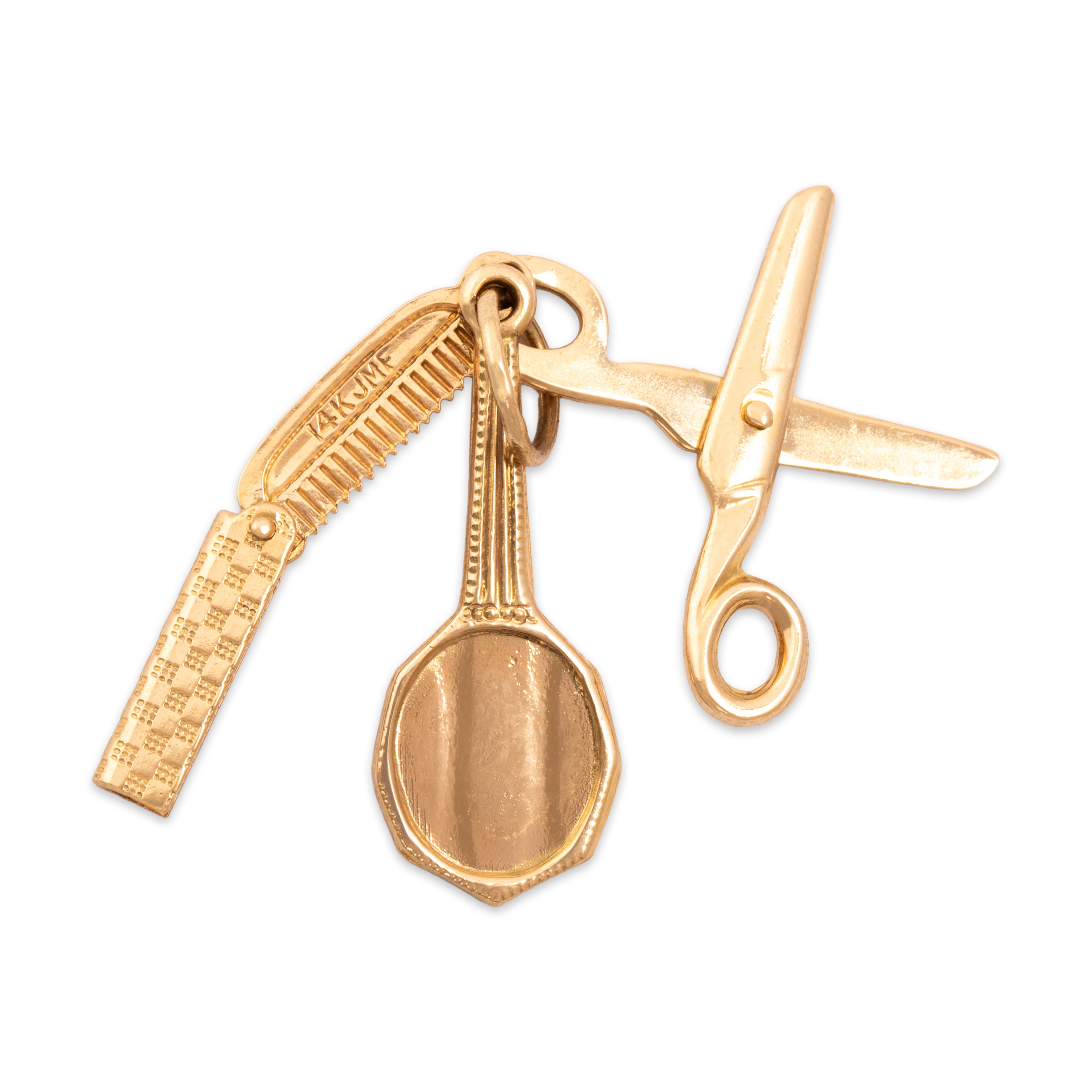 Vintage 14k Yellow Gold Articulating Vanity Trio Comb Scissors Mirror Charm / Pendant - Overall view