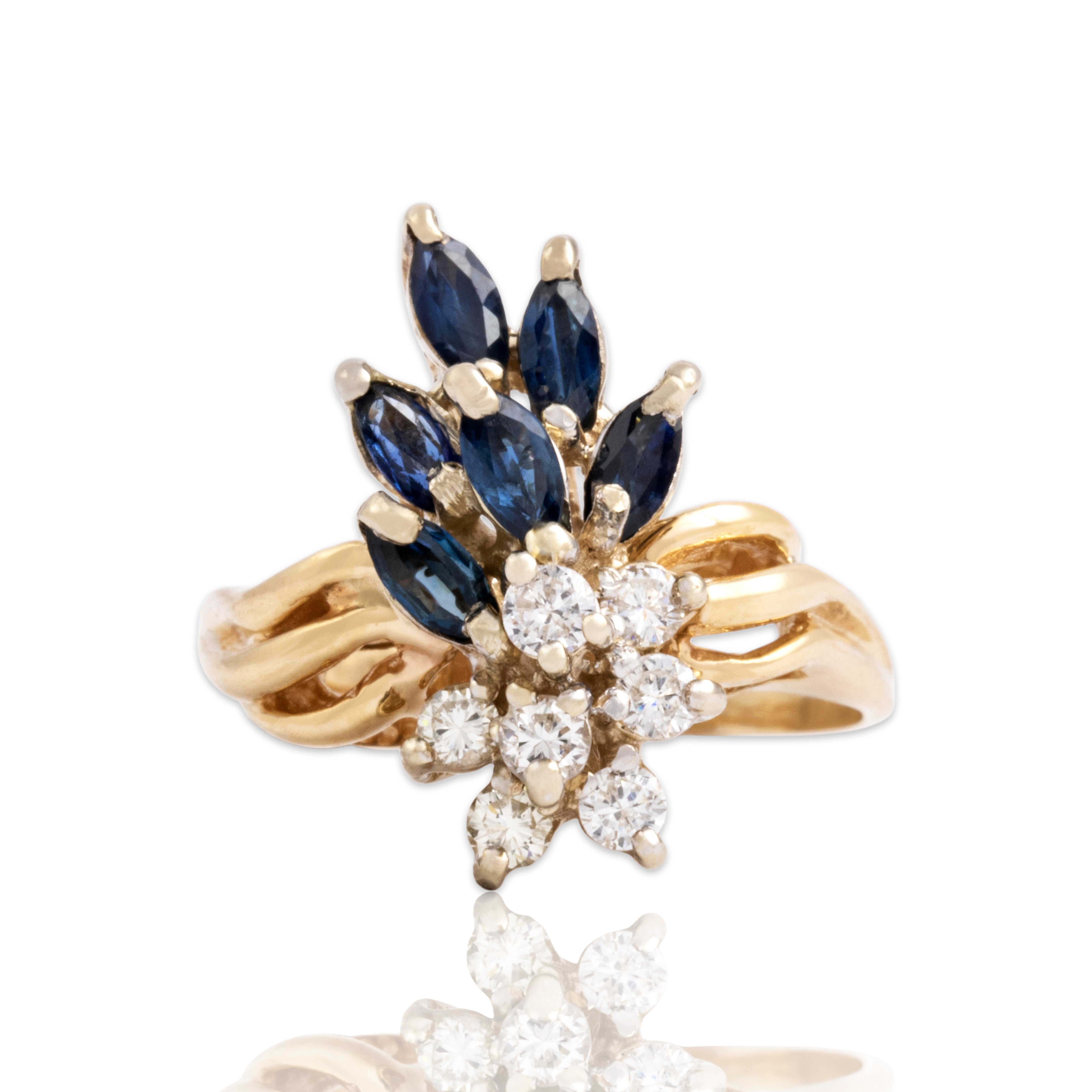 Vintage 14k Yellow Gold Blue Sapphire Diamond Lovely Flowing Cluster Ring - Close-up view