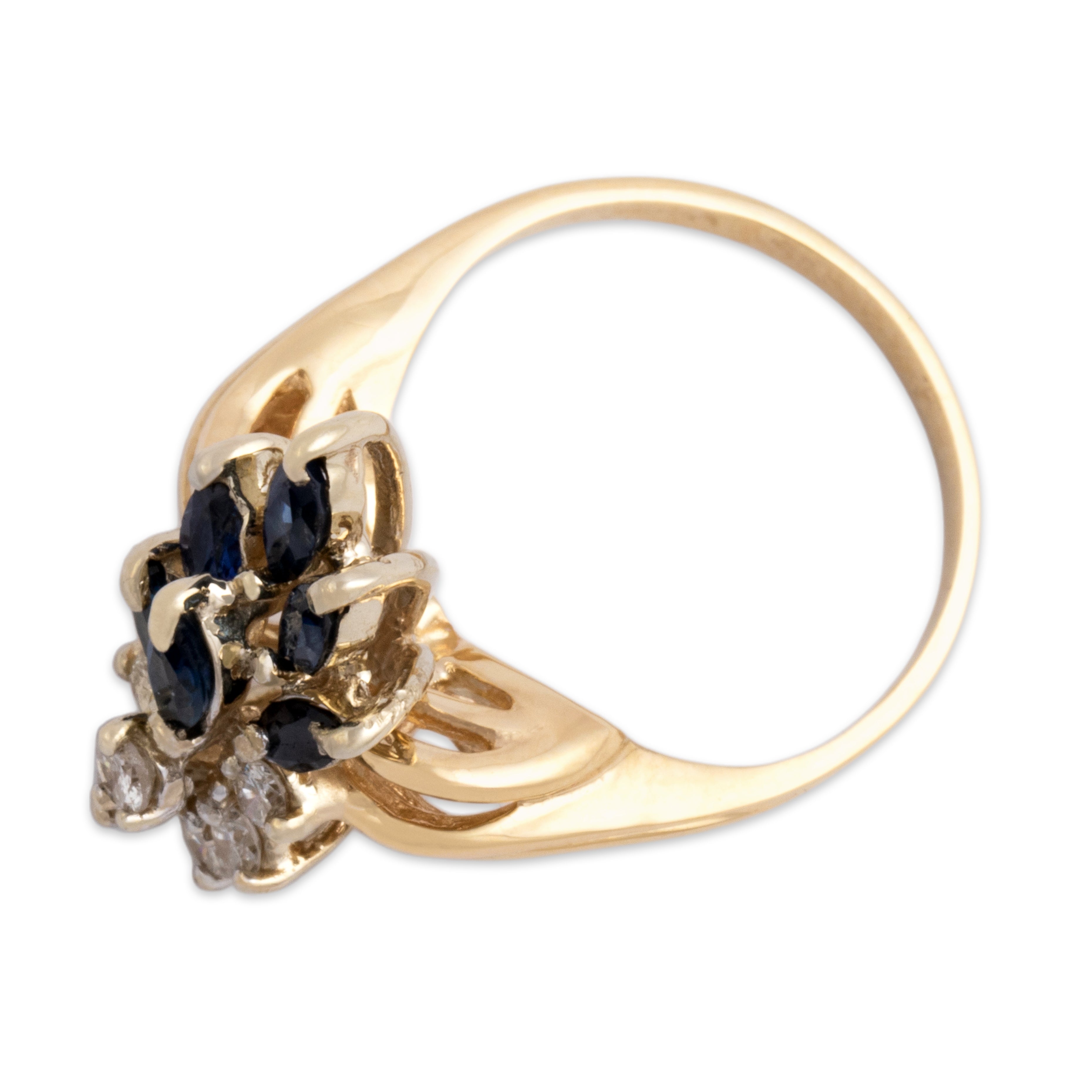 Vintage 14k Yellow Gold Blue Sapphire Diamond Lovely Flowing Cluster Ring - Overall view