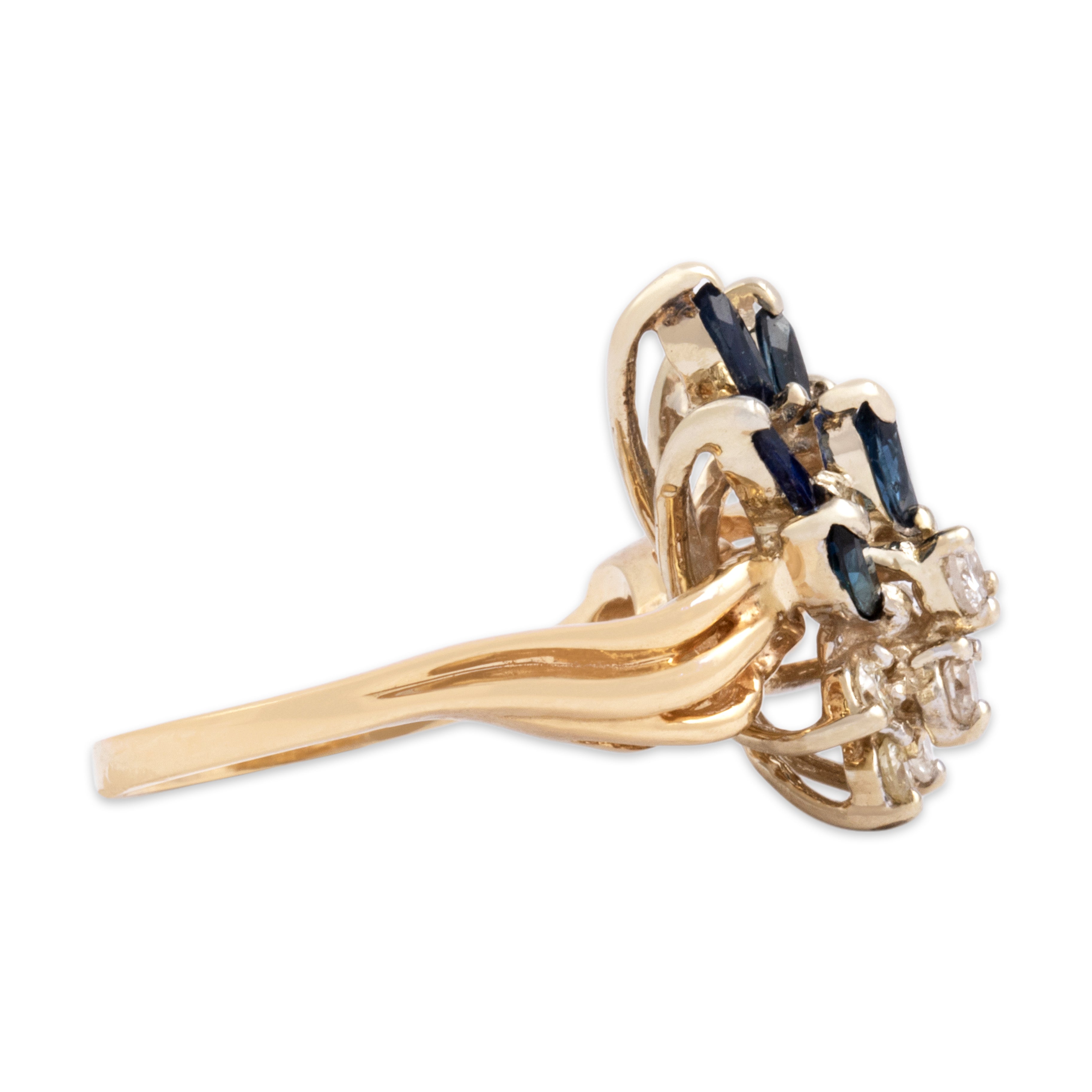 Vintage 14k Yellow Gold Blue Sapphire Diamond Lovely Flowing Cluster Ring - Side view