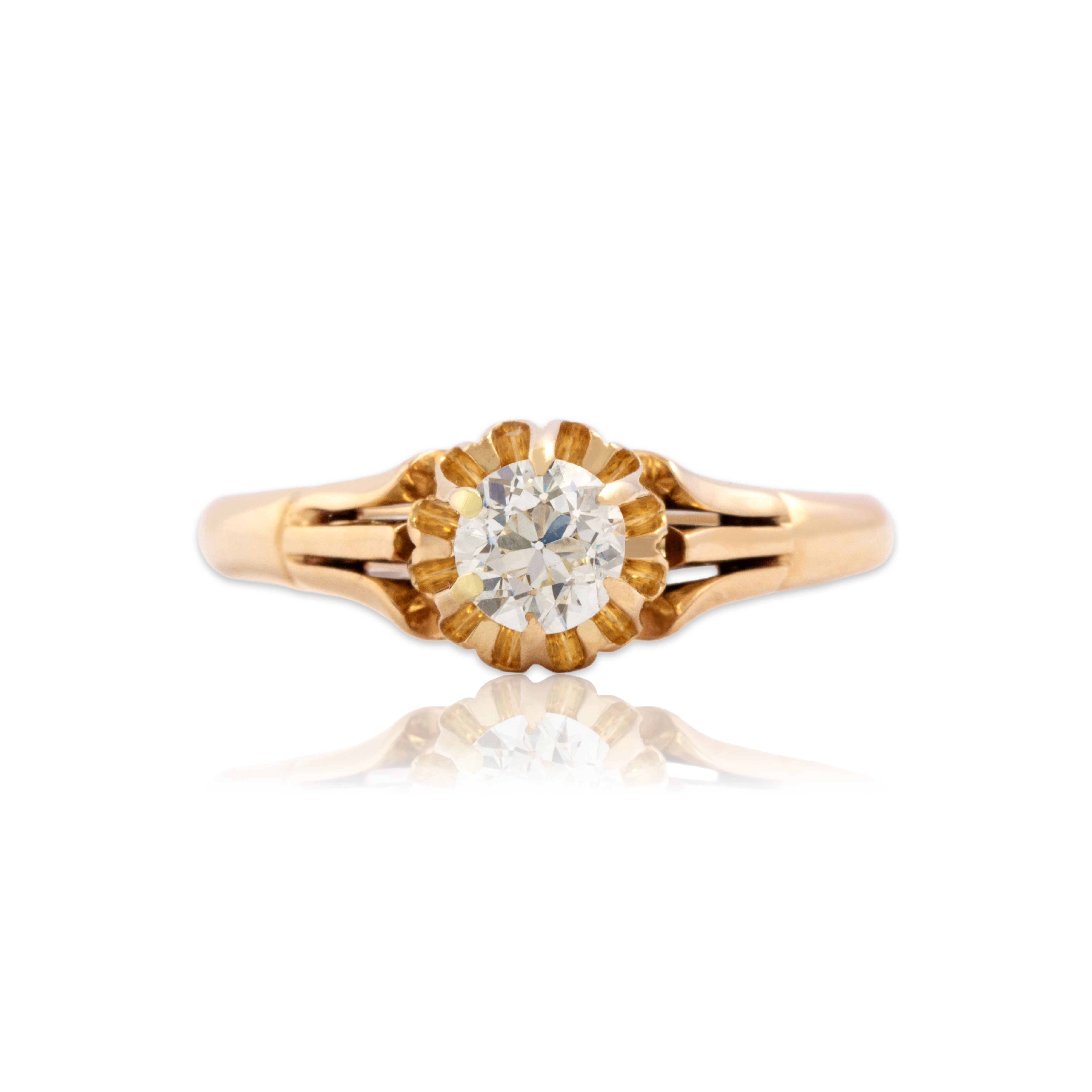 Antique Victorian 14k Rosy Yellow Gold Old European Cut Diamond Dazzling Belcher-Set Solitaire Ring - Close-up view