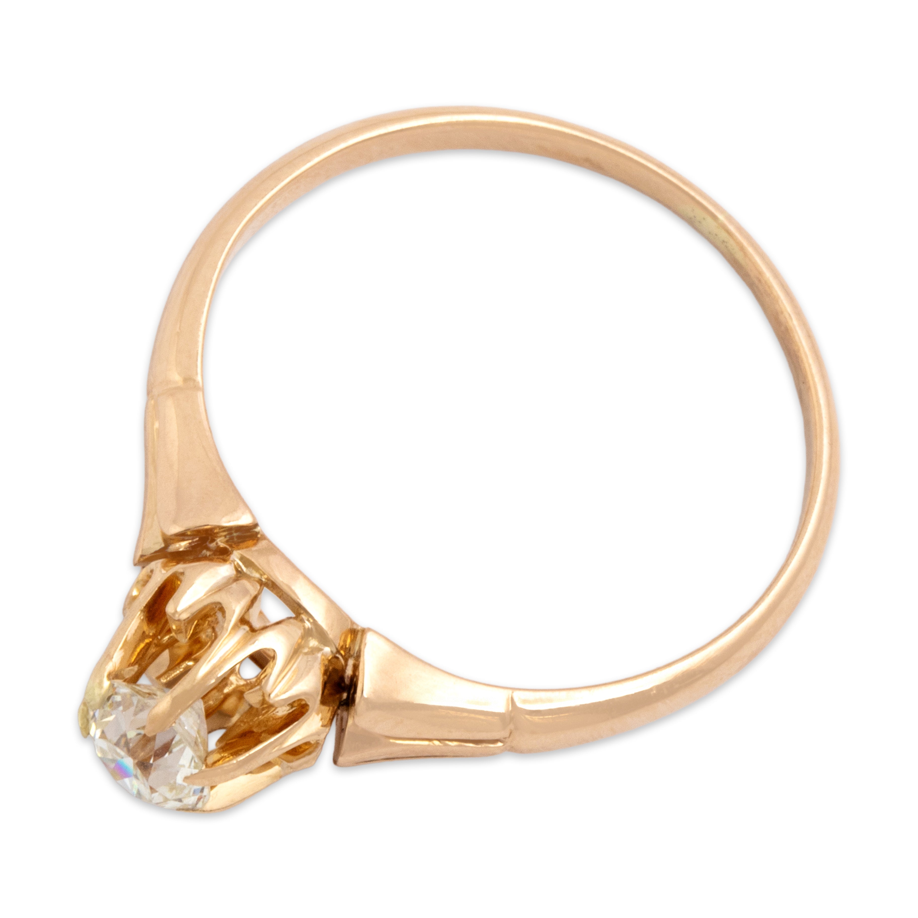 Antique Victorian 14k Rosy Yellow Gold Old European Cut Diamond Dazzling Belcher-Set Solitaire Ring - Overall view