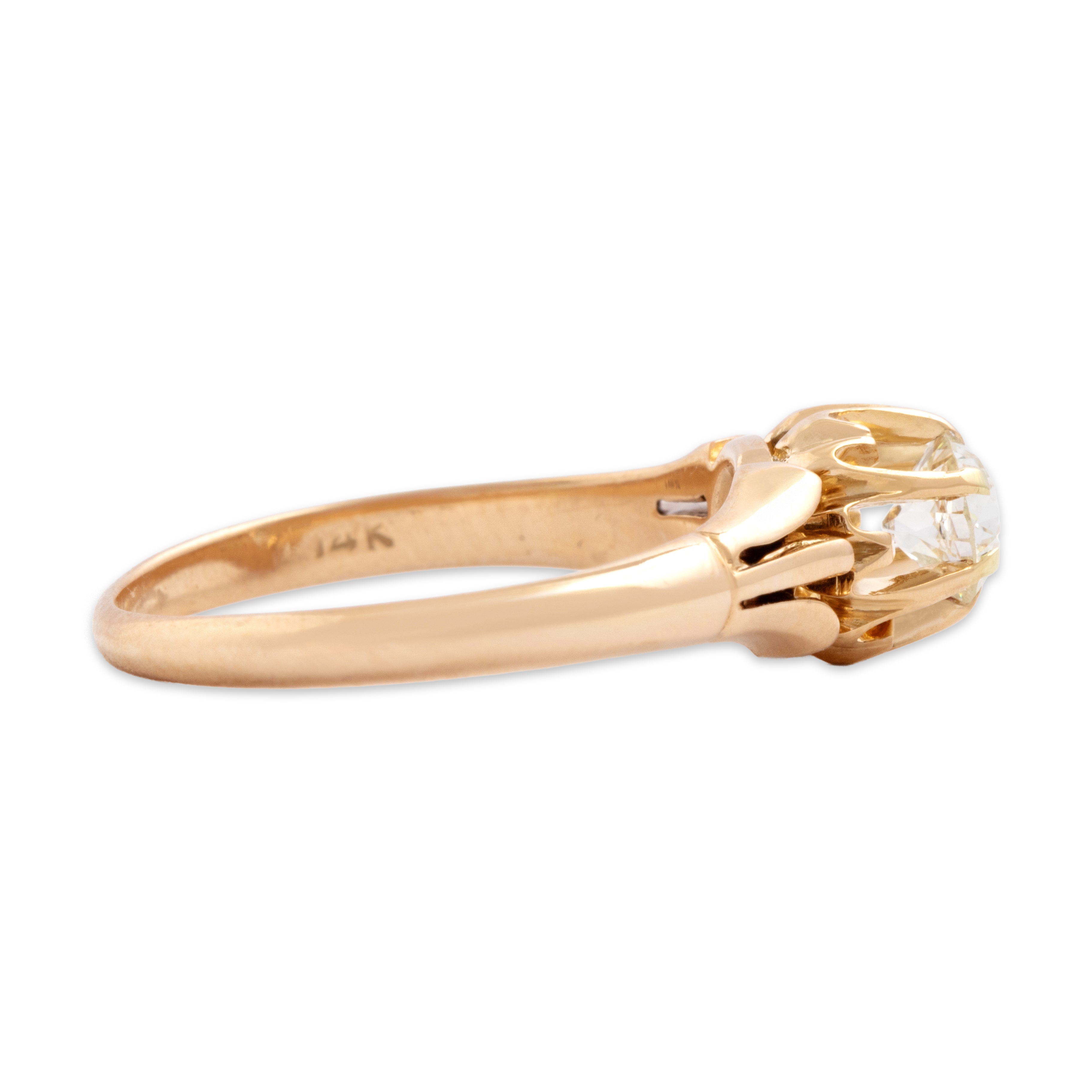Antique Victorian 14k Rosy Yellow Gold Old European Cut Diamond Dazzling Belcher-Set Solitaire Ring - Side view