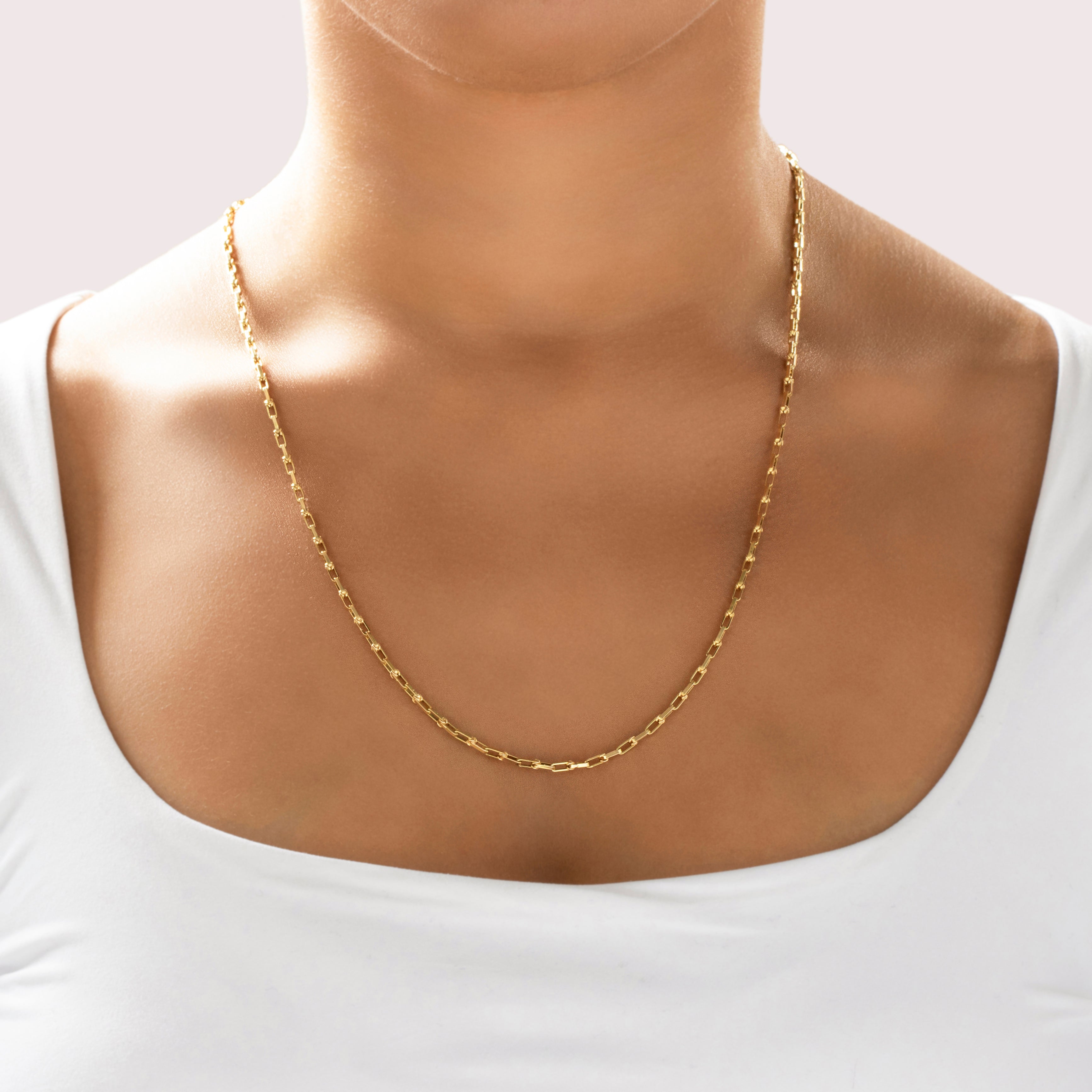 Vintage 14k Yellow Gold Long Elongated Link Chain Necklace - On model view