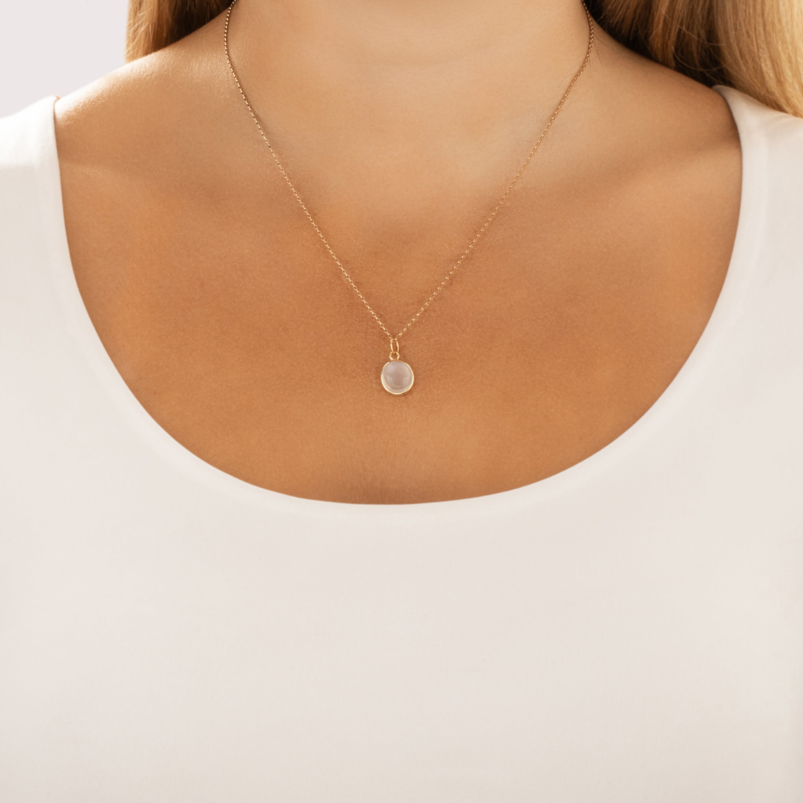 Vintage Small 14k Yellow Gold 3.53ct Moonstone Glowing Cabochon Pendant - On model view