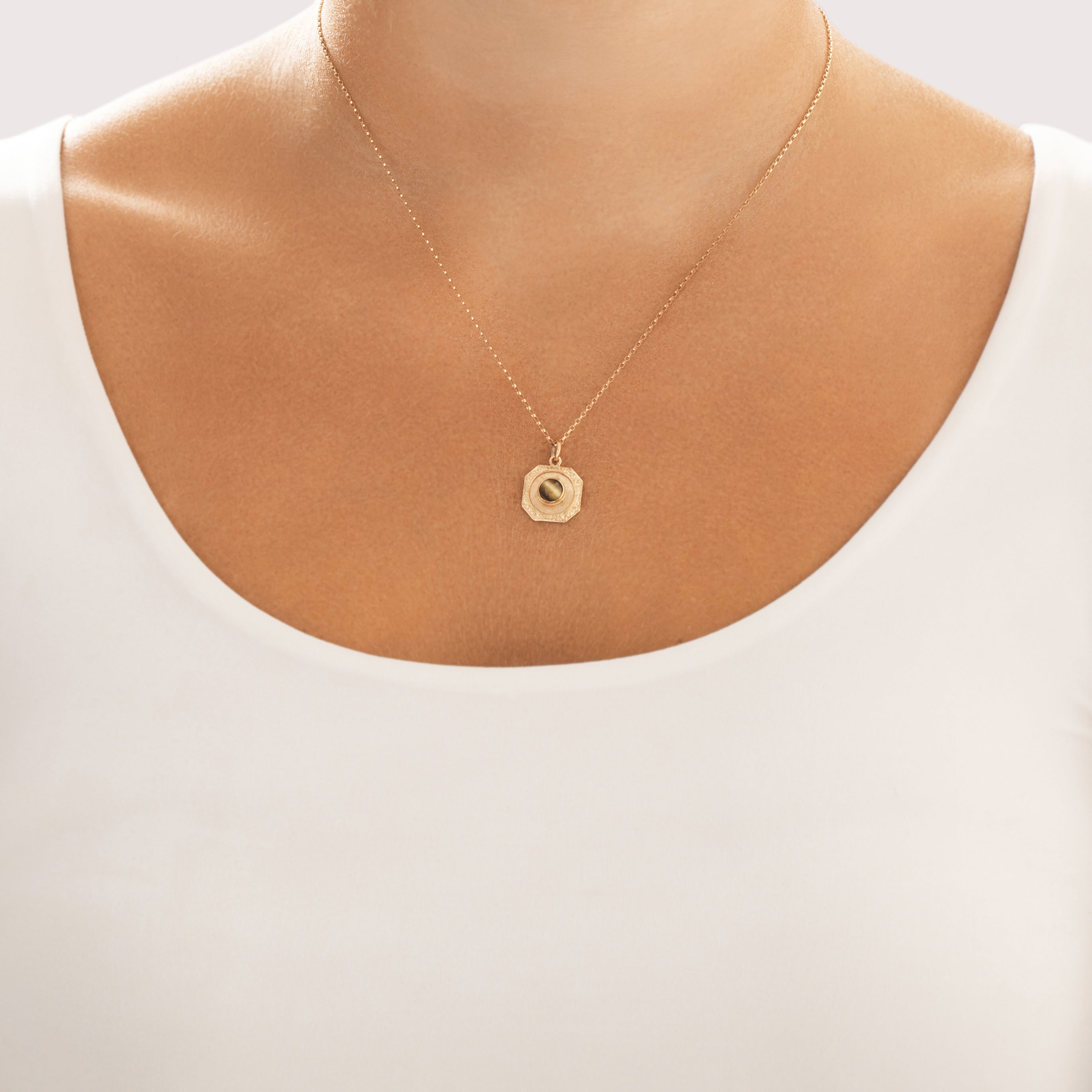 Vintage 14k Rosy Yellow Gold Tiger's Eye Mesmerizing Ornate Cabochon Charm / Pendant - On model view