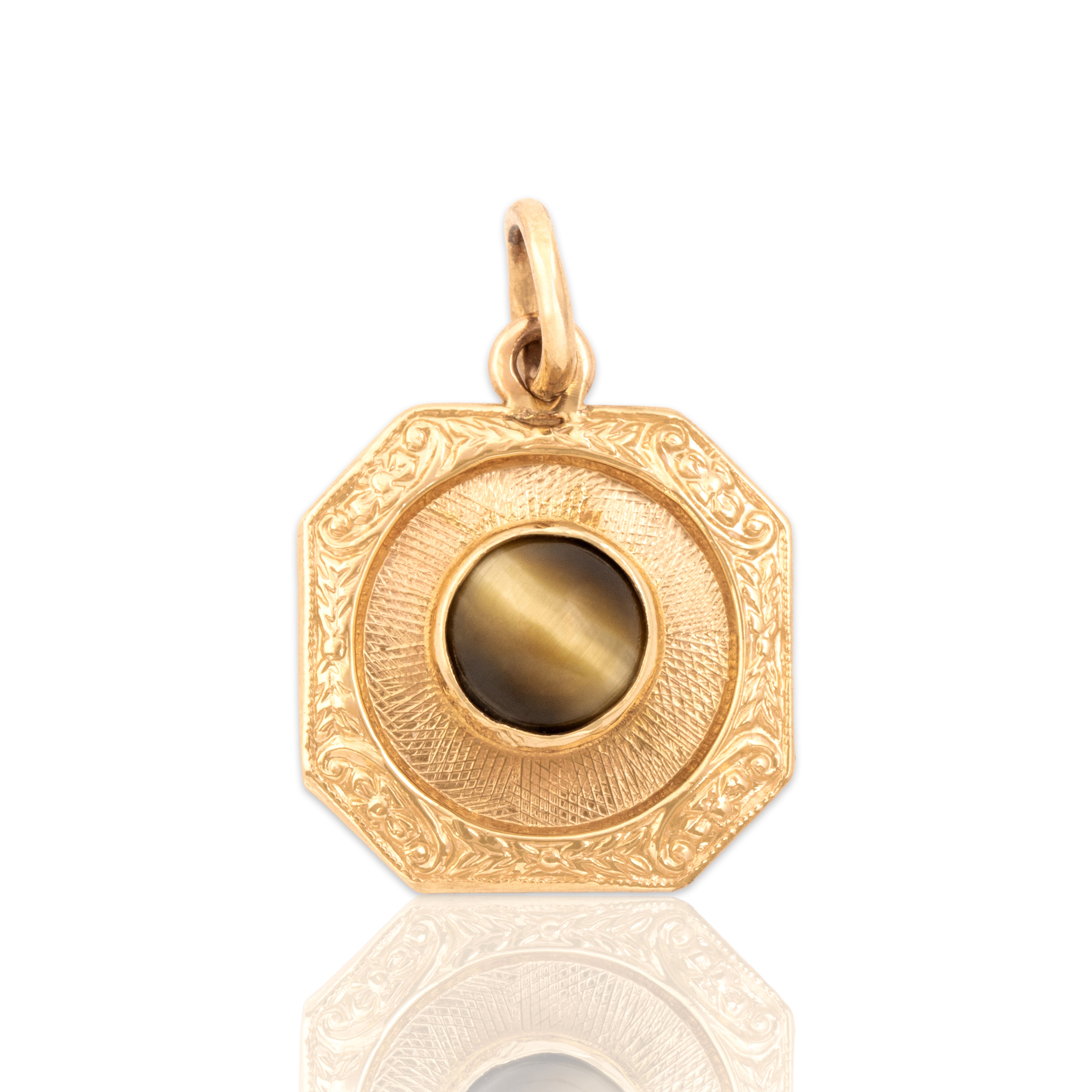 Vintage 14k Rosy Yellow Gold Tiger's Eye Ornate Cabochon Charm / Pendant