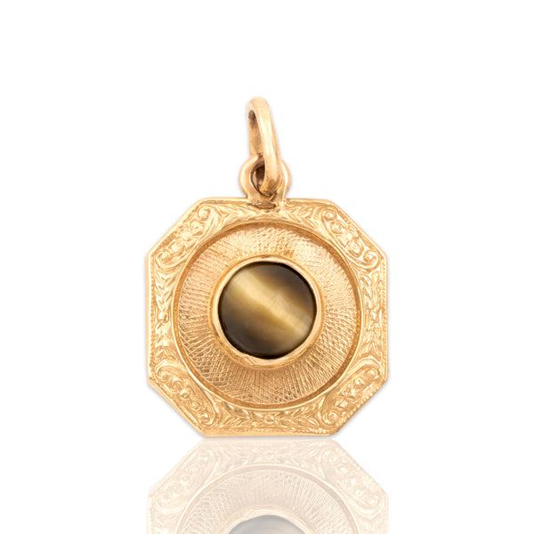 Vintage 14k Rosy Yellow Gold Tiger's Eye Ornate Cabochon Charm / Pendant
