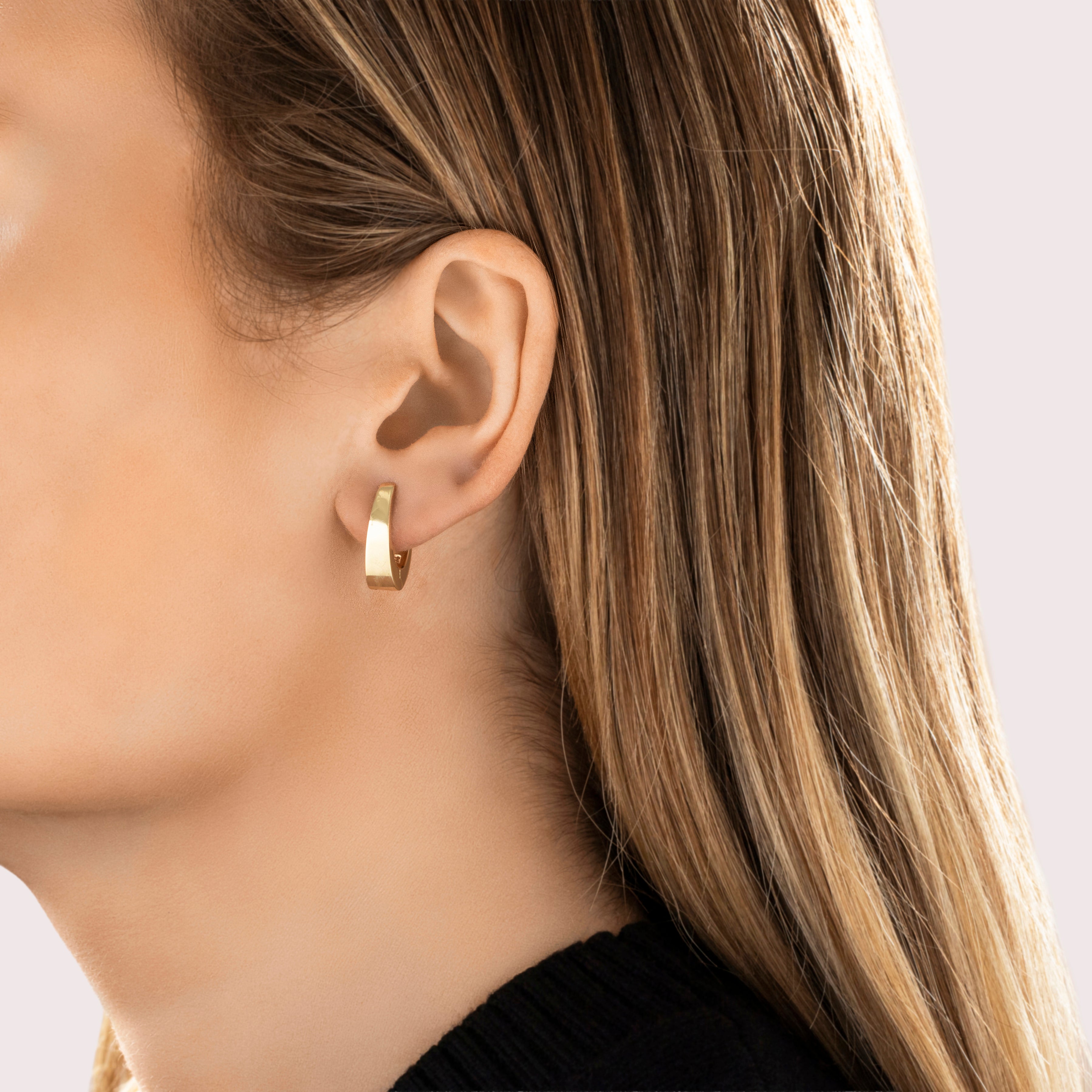 Vintage 14k Yellow Gold Chic Huggie Hoop Earrings - On model view