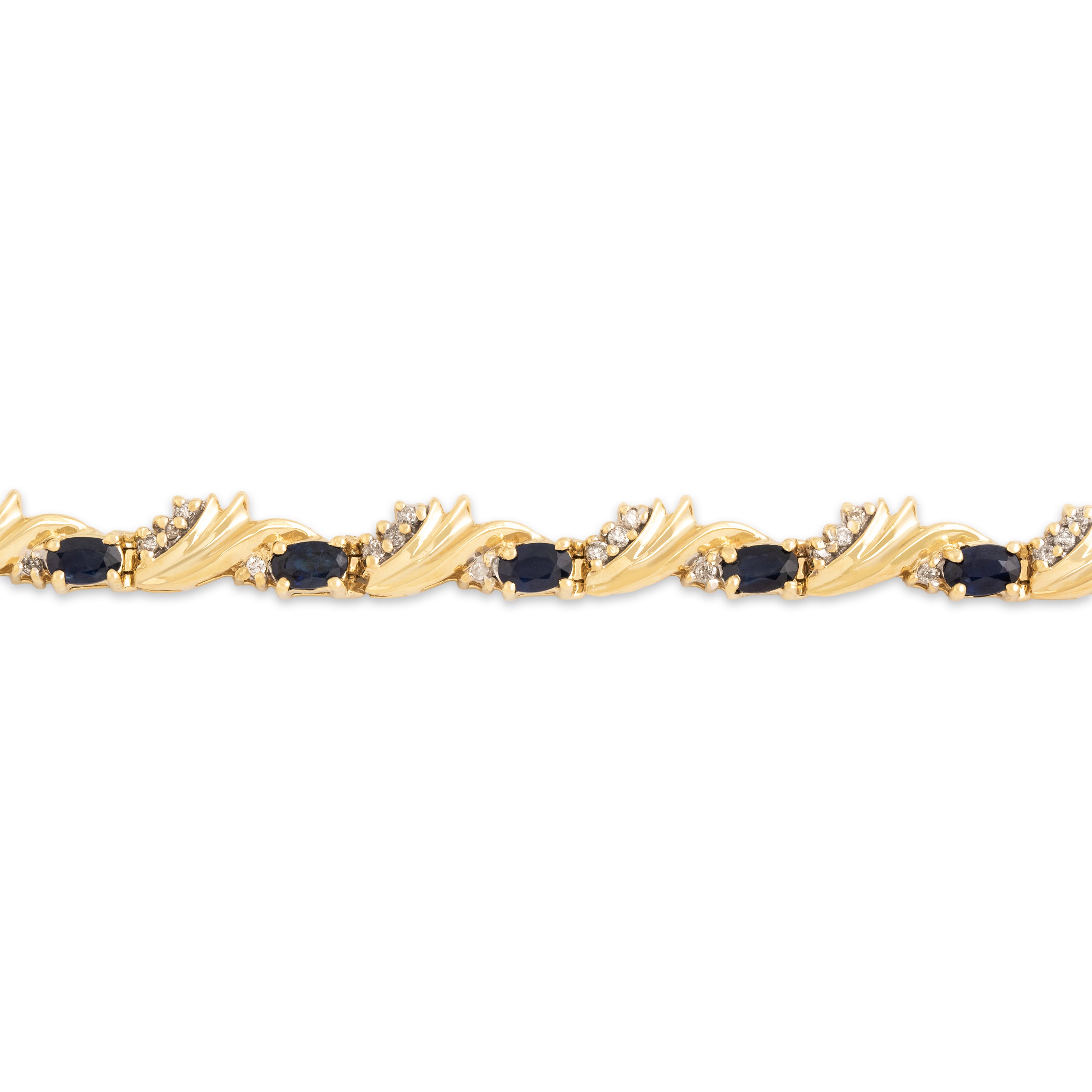 Vintage 14k Yellow Gold 3.7cttw Blue Sapphire Diamond Accented Wave Link Bracelet - Close-up view