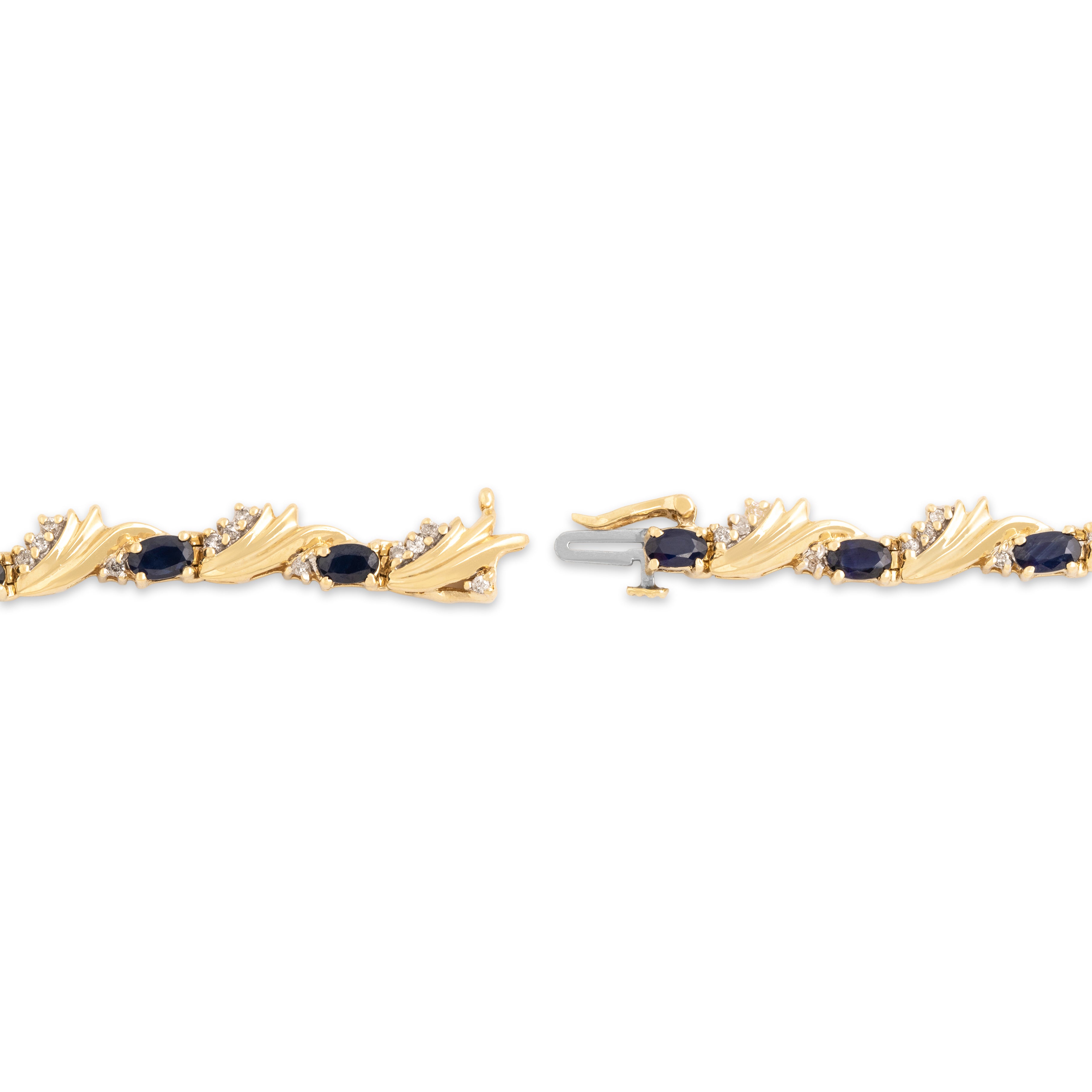 Vintage 14k Yellow Gold 3.7cttw Blue Sapphire Diamond Wave Link Bracelet 7.5