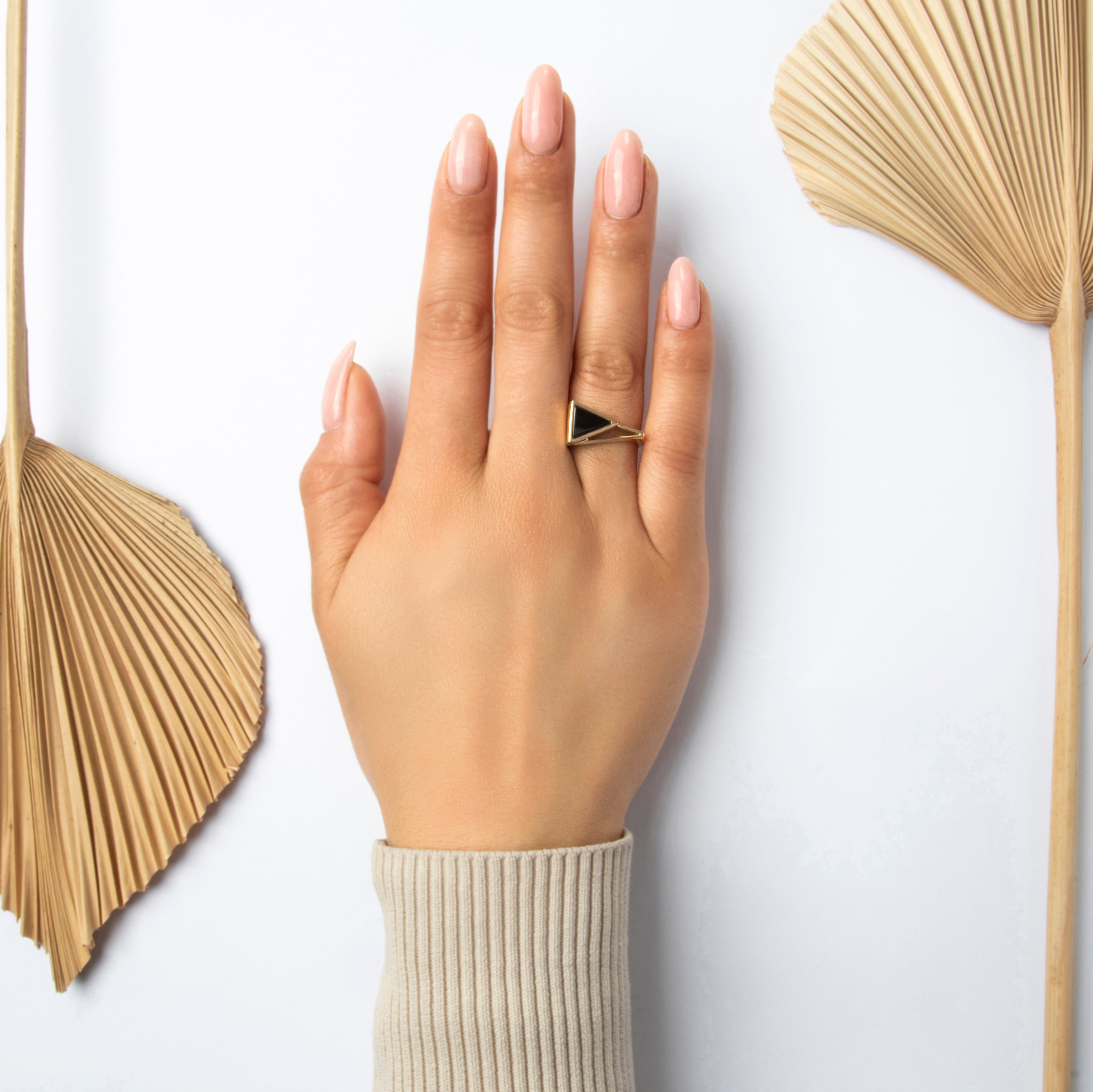 Vintage 14k Yellow Gold Onyx Bold Triangle Ring - On model view