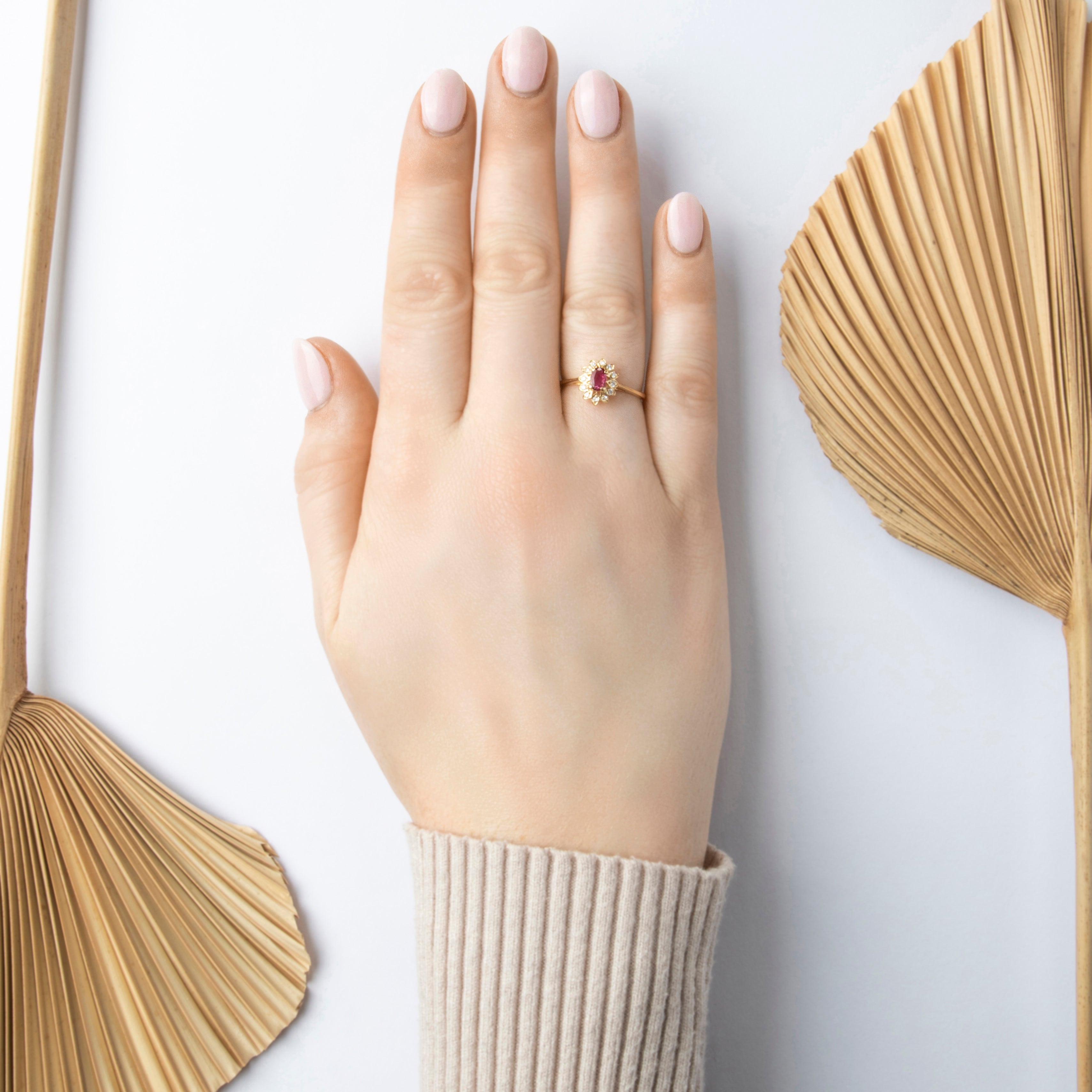 Vintage 14k Yellow Gold Ruby Diamond Flowering Oval Halo Ring - On model view