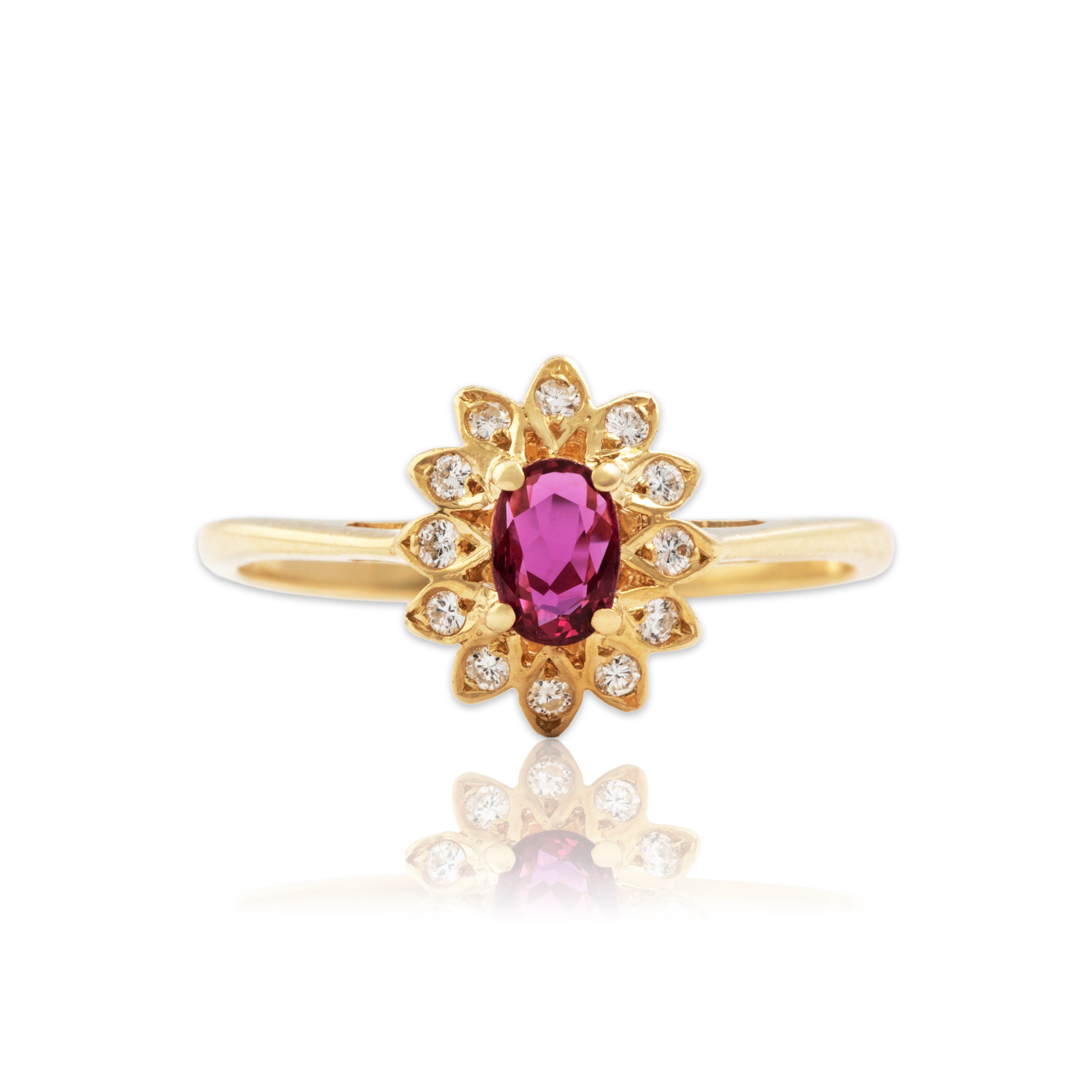 Vintage 14k Yellow Gold Ruby Diamond Flowering Oval Halo Ring - Close-up view