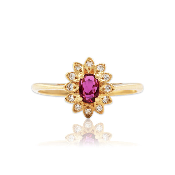 Vintage 14k Yellow Gold Ruby Diamond Flowering Oval Halo Ring 6.50