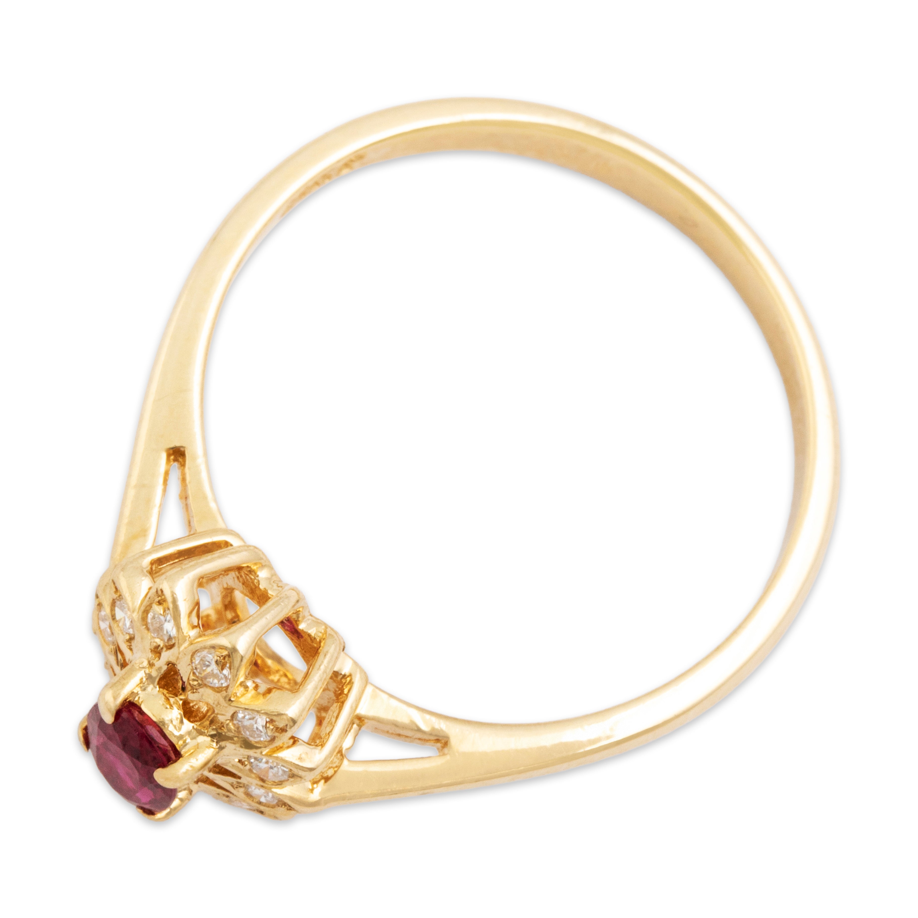 Vintage 14k Yellow Gold Ruby Diamond Flowering Oval Halo Ring - Overall view