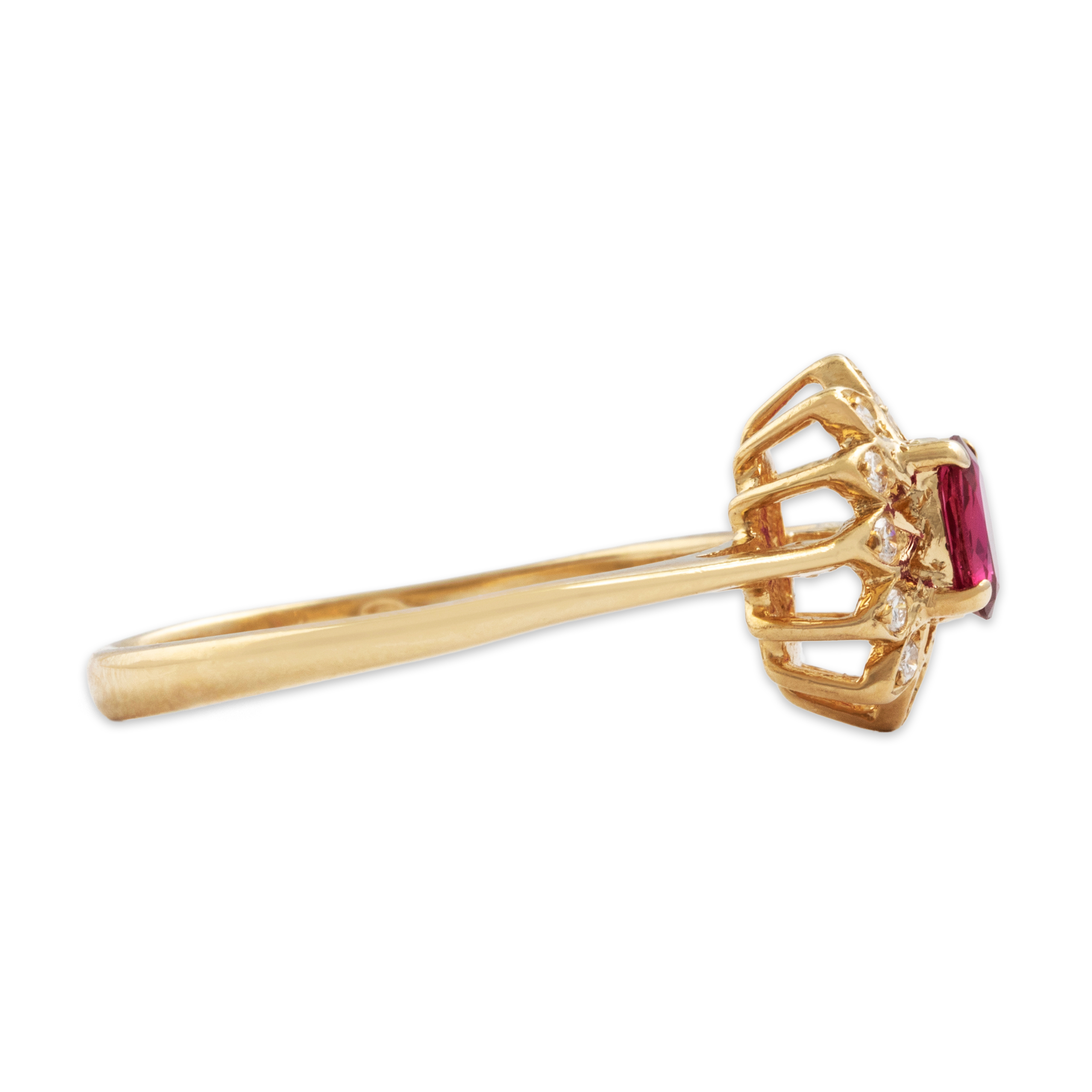 Vintage 14k Yellow Gold Ruby Diamond Flowering Oval Halo Ring 6.50