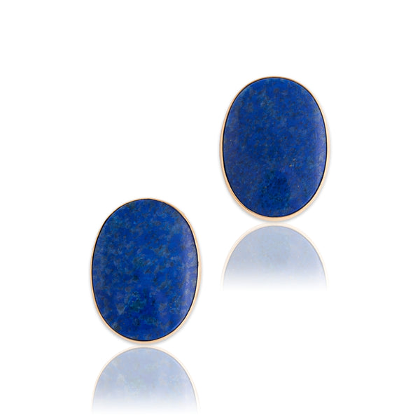 Vintage Large 14k Yellow Gold Lapis Lazuli Oval Disc Stud Earrings