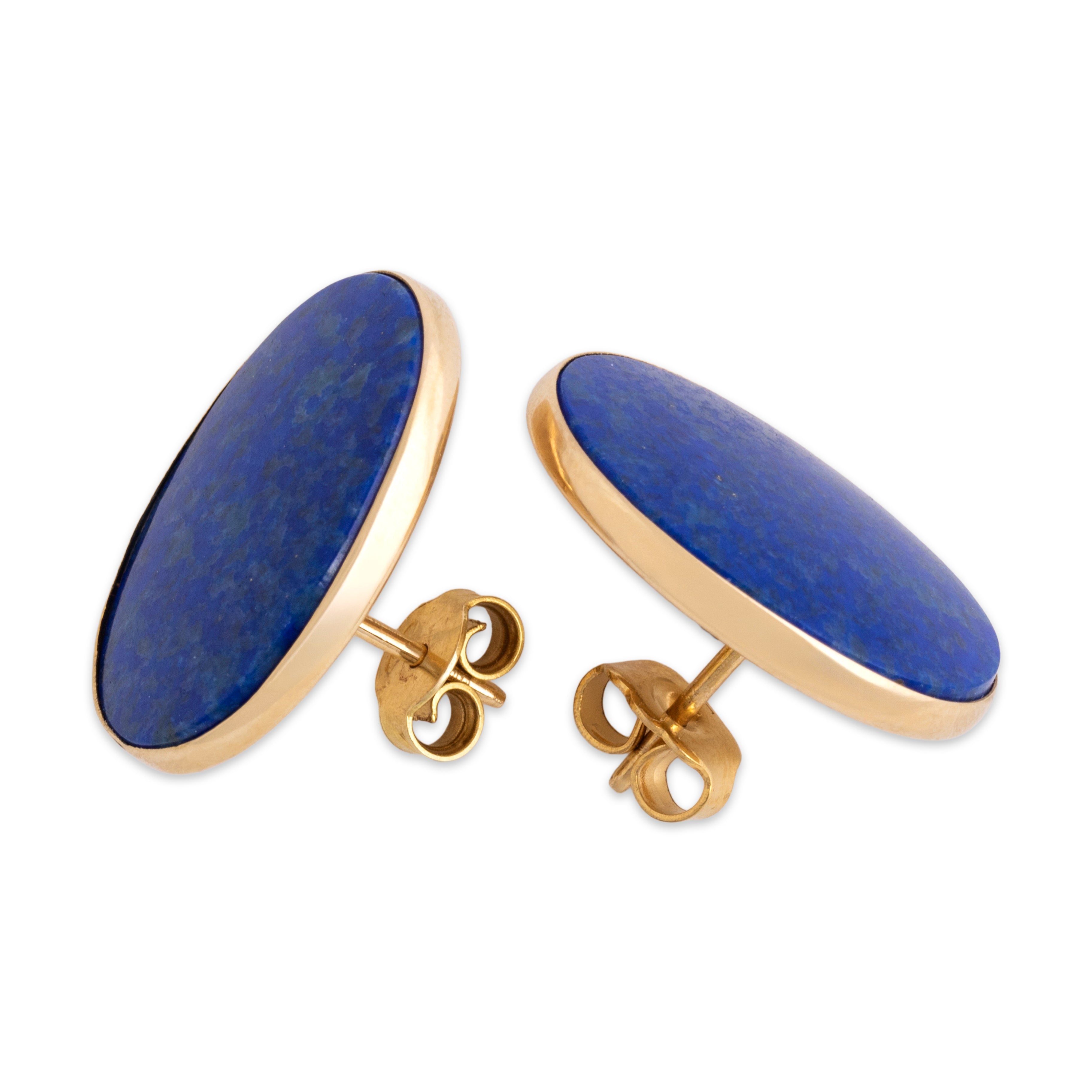 Vintage 14k Yellow Gold Lapis Lazuli Oval Disc Stud Earrings - Side view