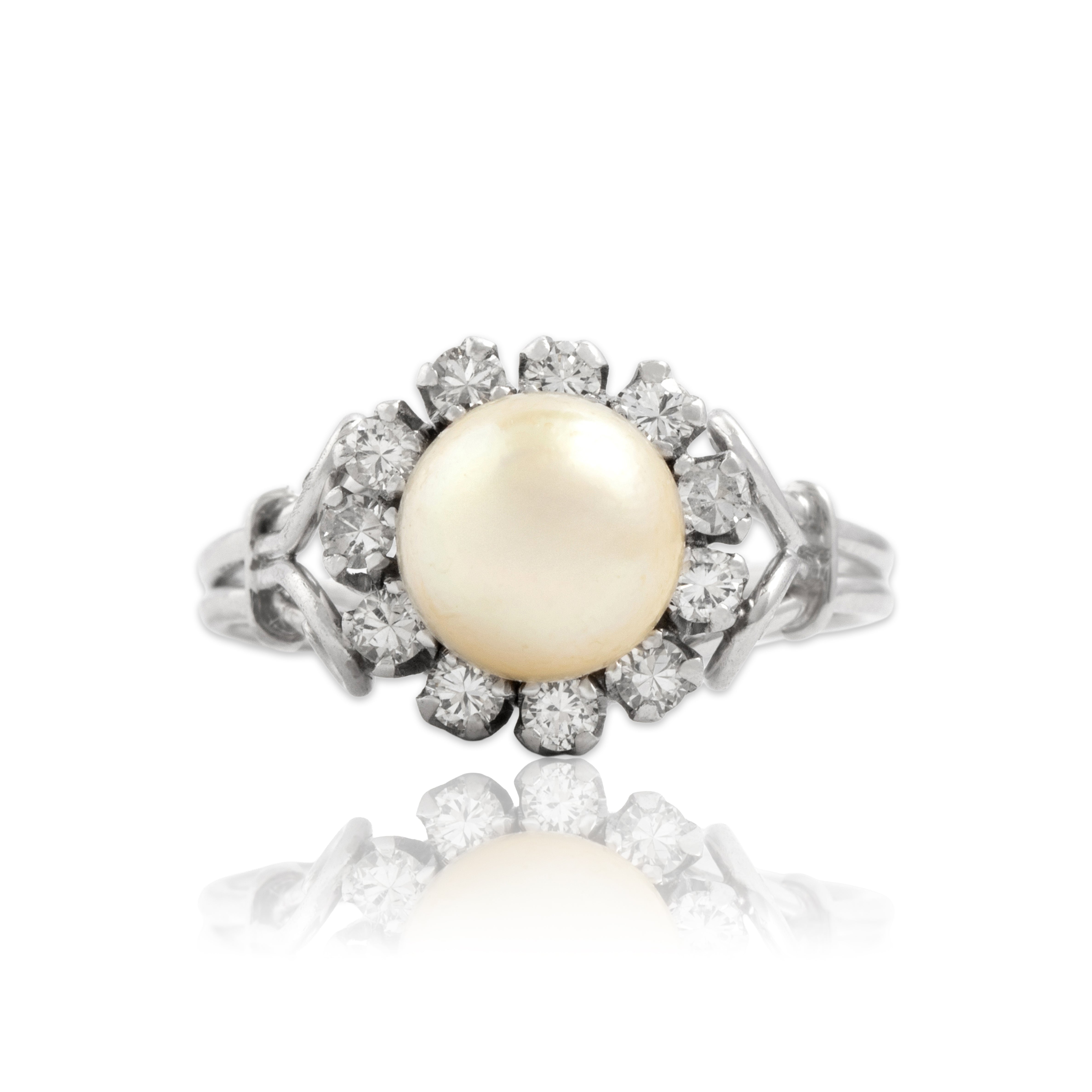 Vintage 18k White Gold Pearl Diamond Dazzling Round Halo Ring - Close-up view