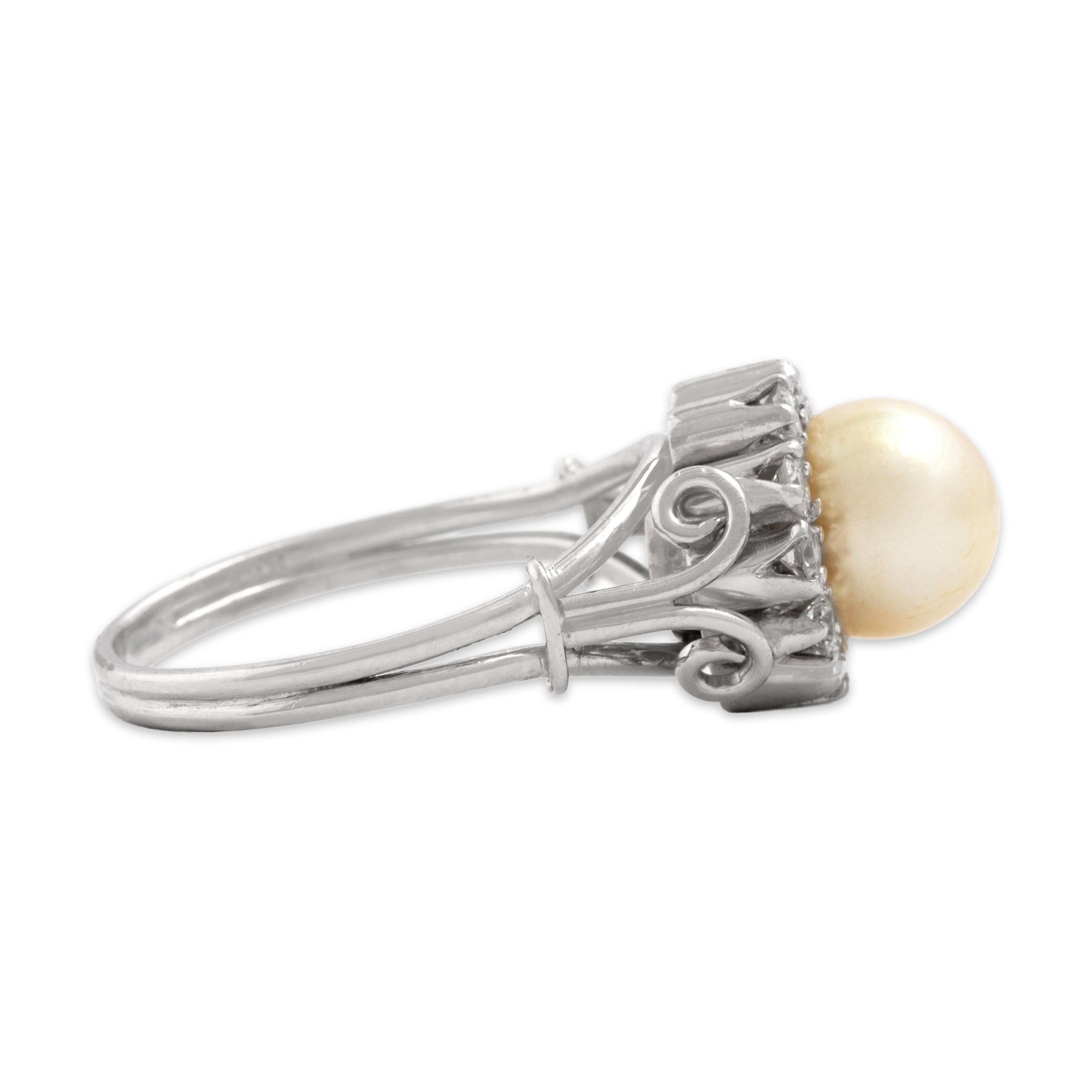 Vintage 18k White Gold Pearl Diamond Dazzling Round Halo Ring - Side view
