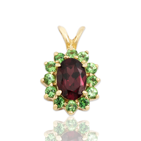 Vintage 14k Yellow Gold 1.17cttw Red & Green Garnet Bright Oval Halo Pendant