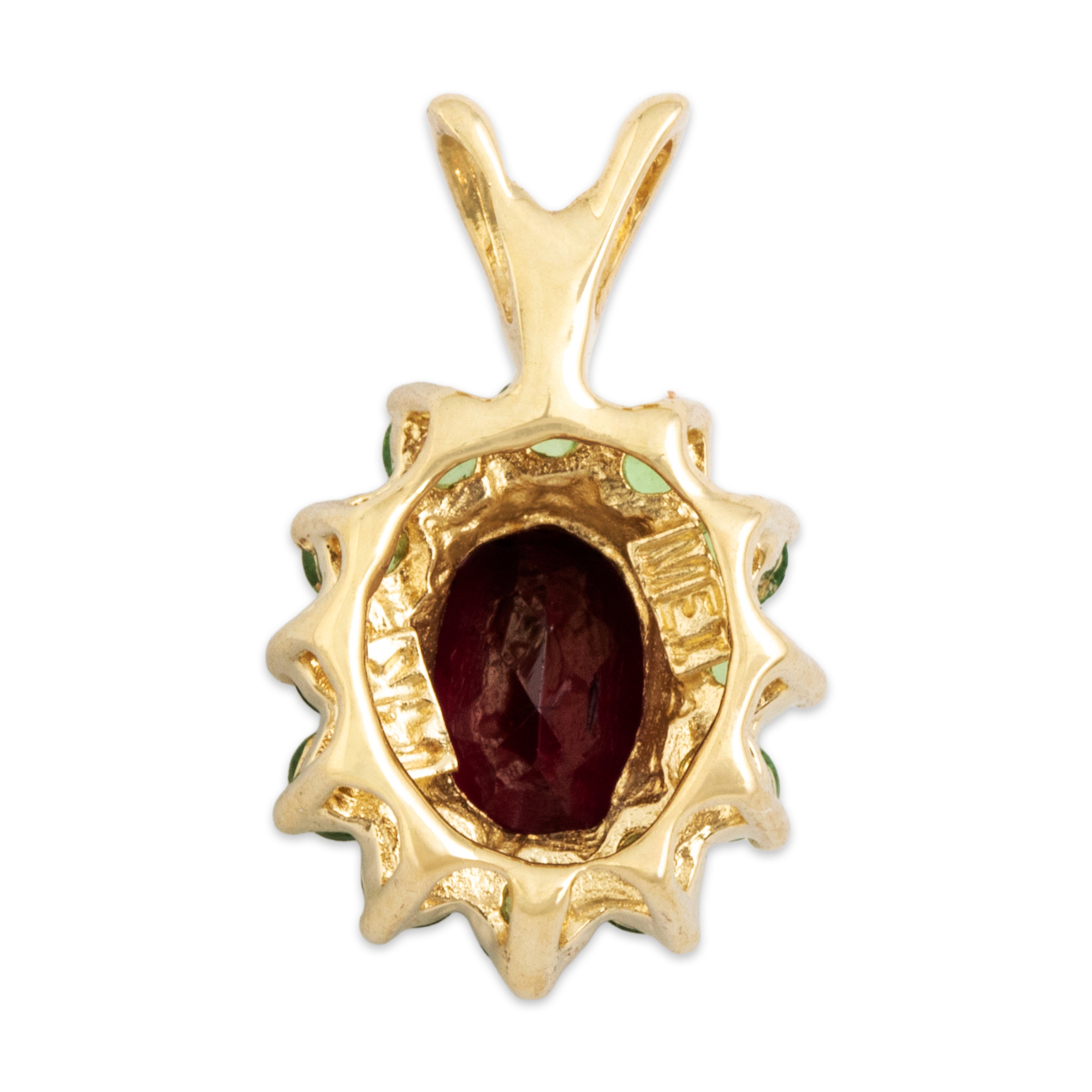 Vintage 14k Yellow Gold .87ct Pink Garnet Green Garnet Cherry Bright Oval Halo Pendant - Back view