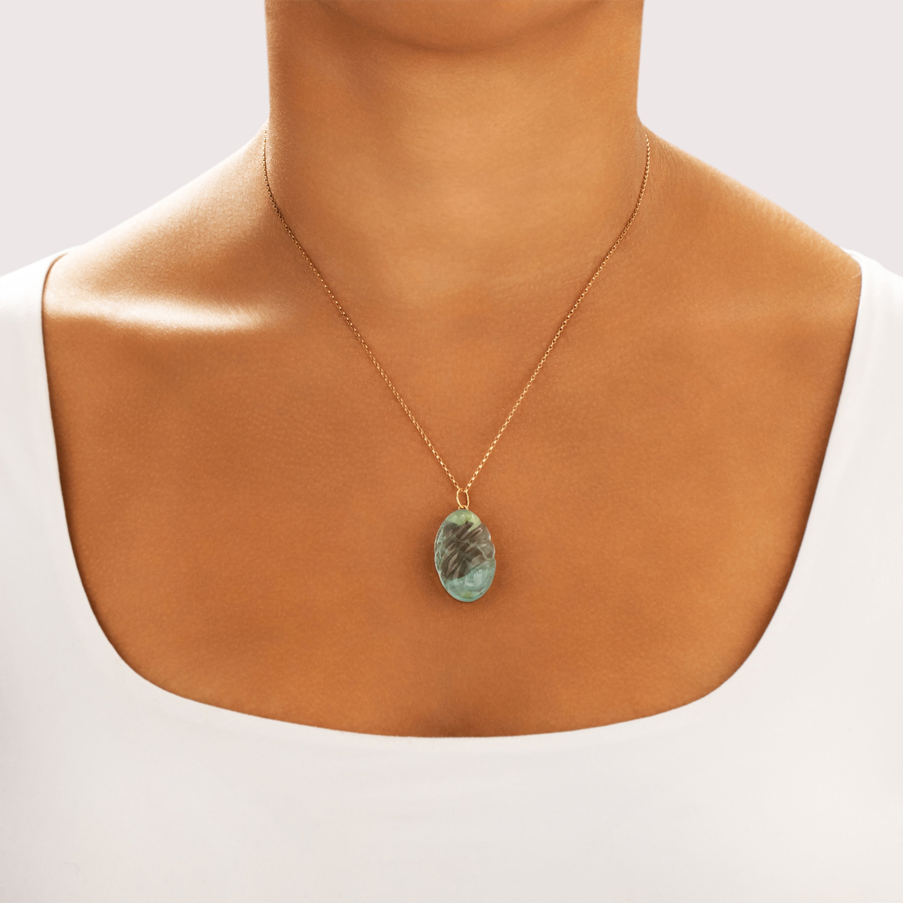 Vintage 18k Yellow Gold 38.41ct Aquamarine Fabulous Oversized Carved Loaf Pendant - On model view