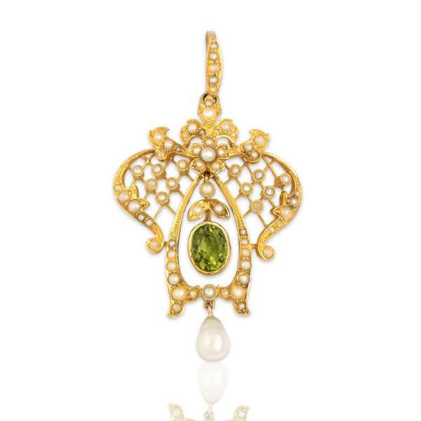 Antique Victorian Large 15k Yellow Gold & 14k Rose Gold 1.33ct Peridot Pearl Pendant