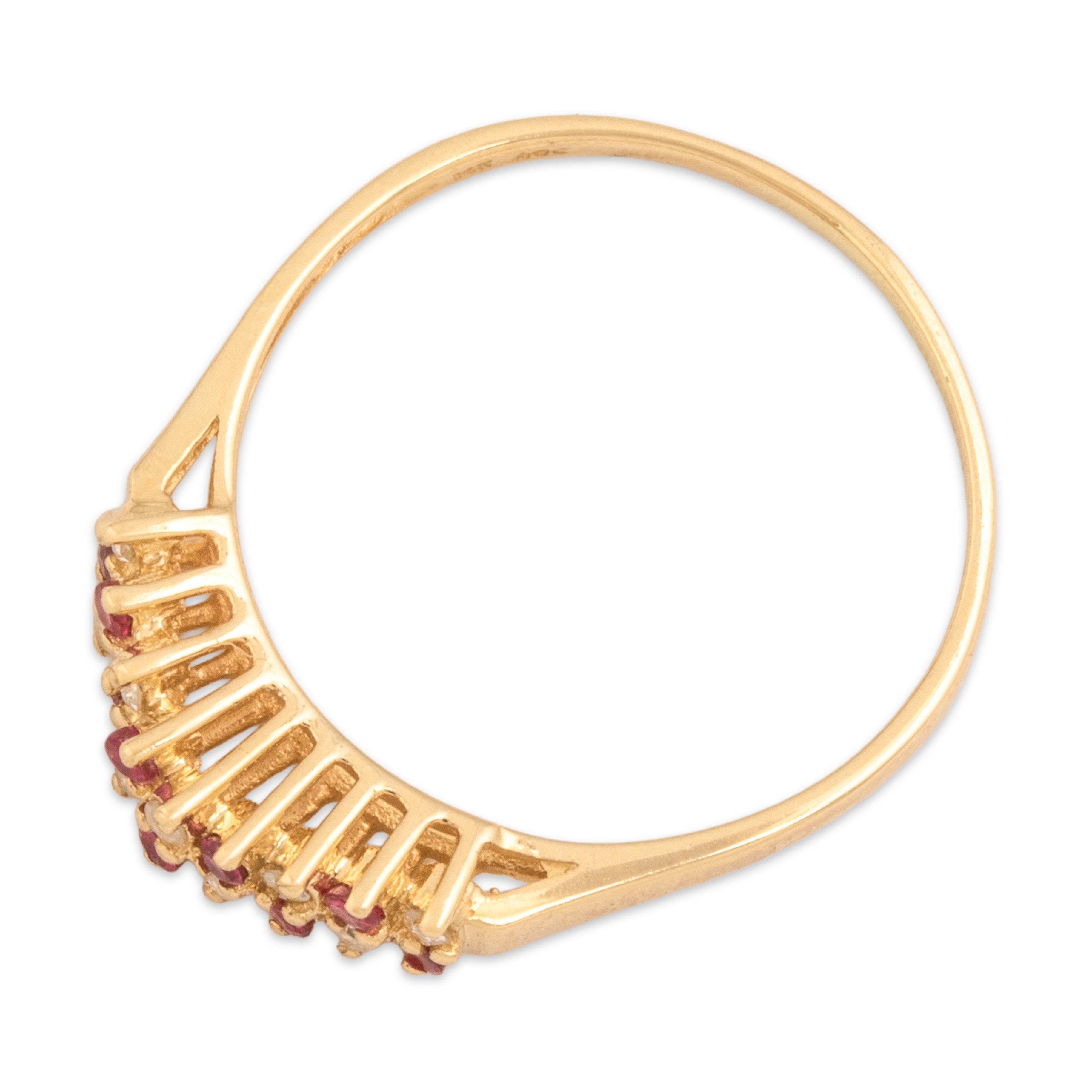 Vintage 14k Yellow Gold Ruby Diamond Glowing Alternating Chevron Ring - Overall view
