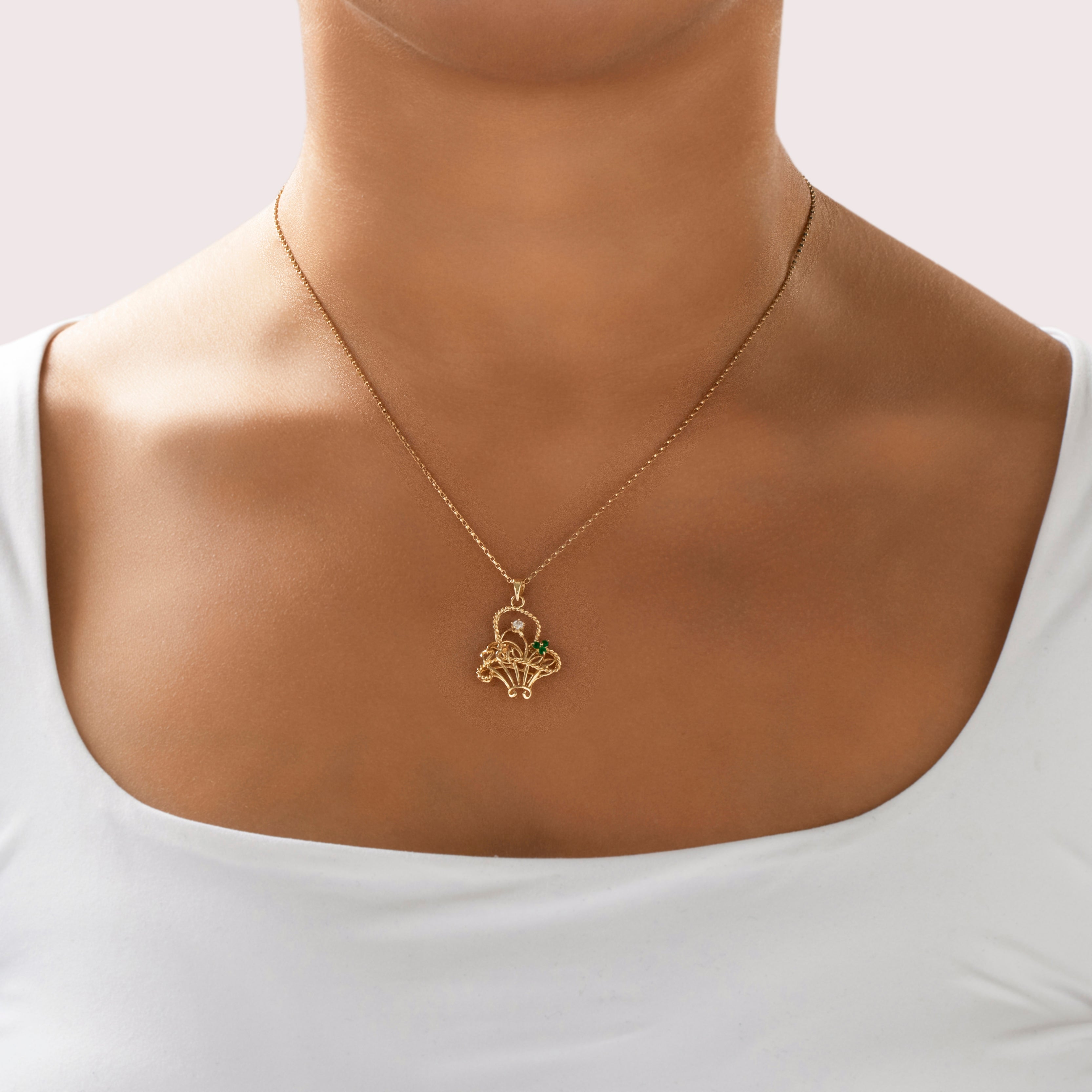 Vintage 14k Yellow Gold Emerald Diamond Flower Basket Pendant - Close-up view