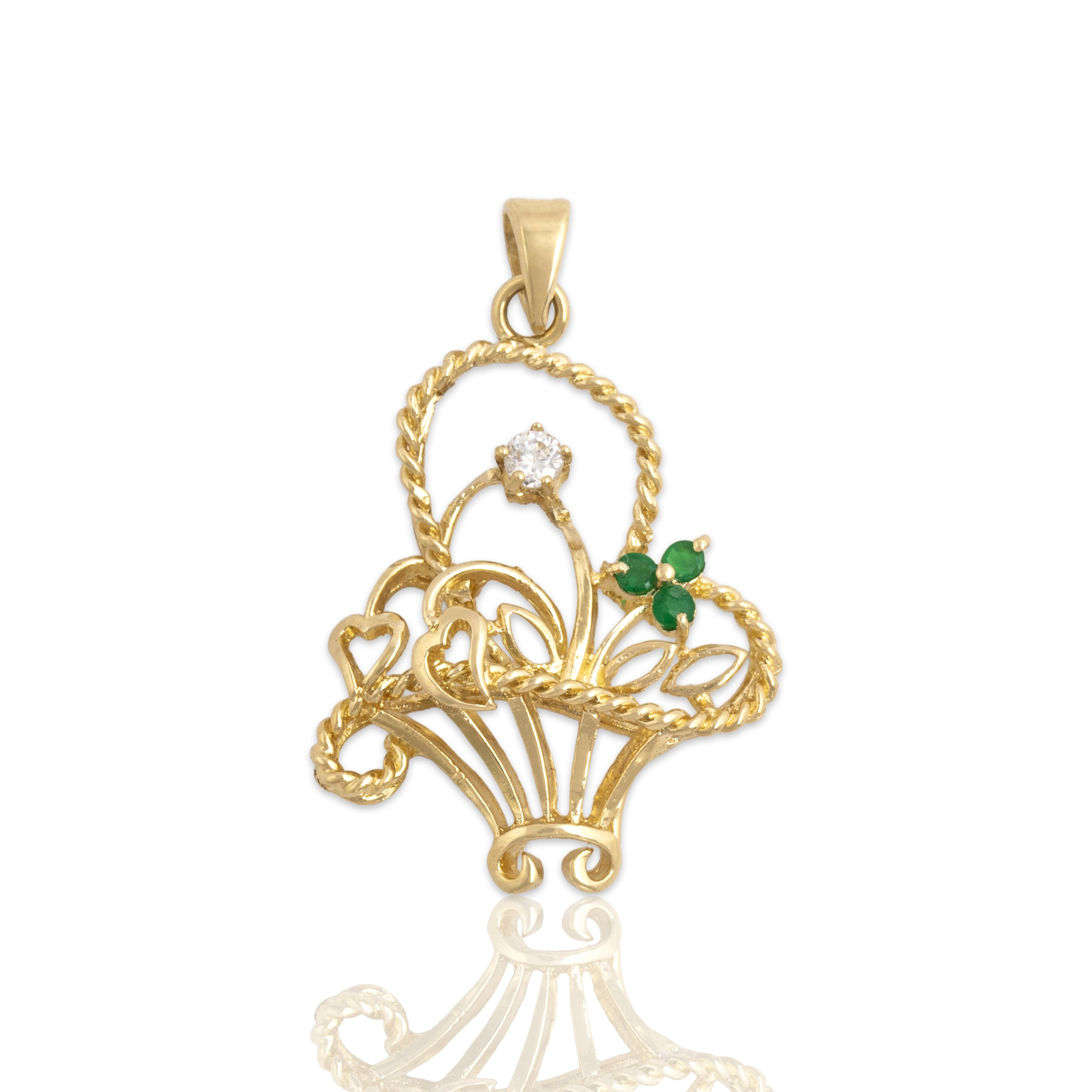 Vintage 14k Yellow Gold Emerald Diamond Beautiful Flower Basket Pendant - Close-up view