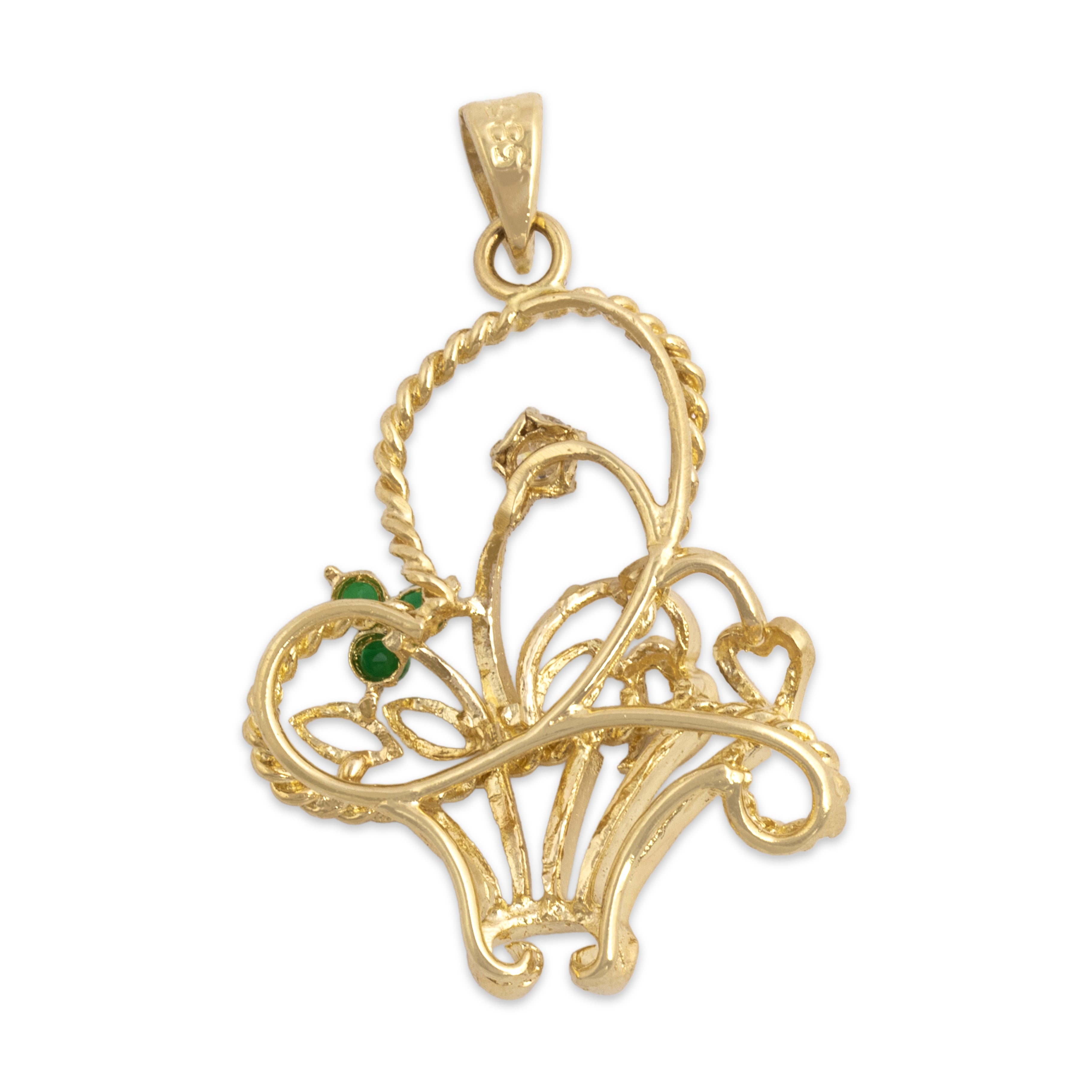 Vintage 14k Yellow Gold Emerald Diamond Beautiful Flower Basket Pendant - Back view