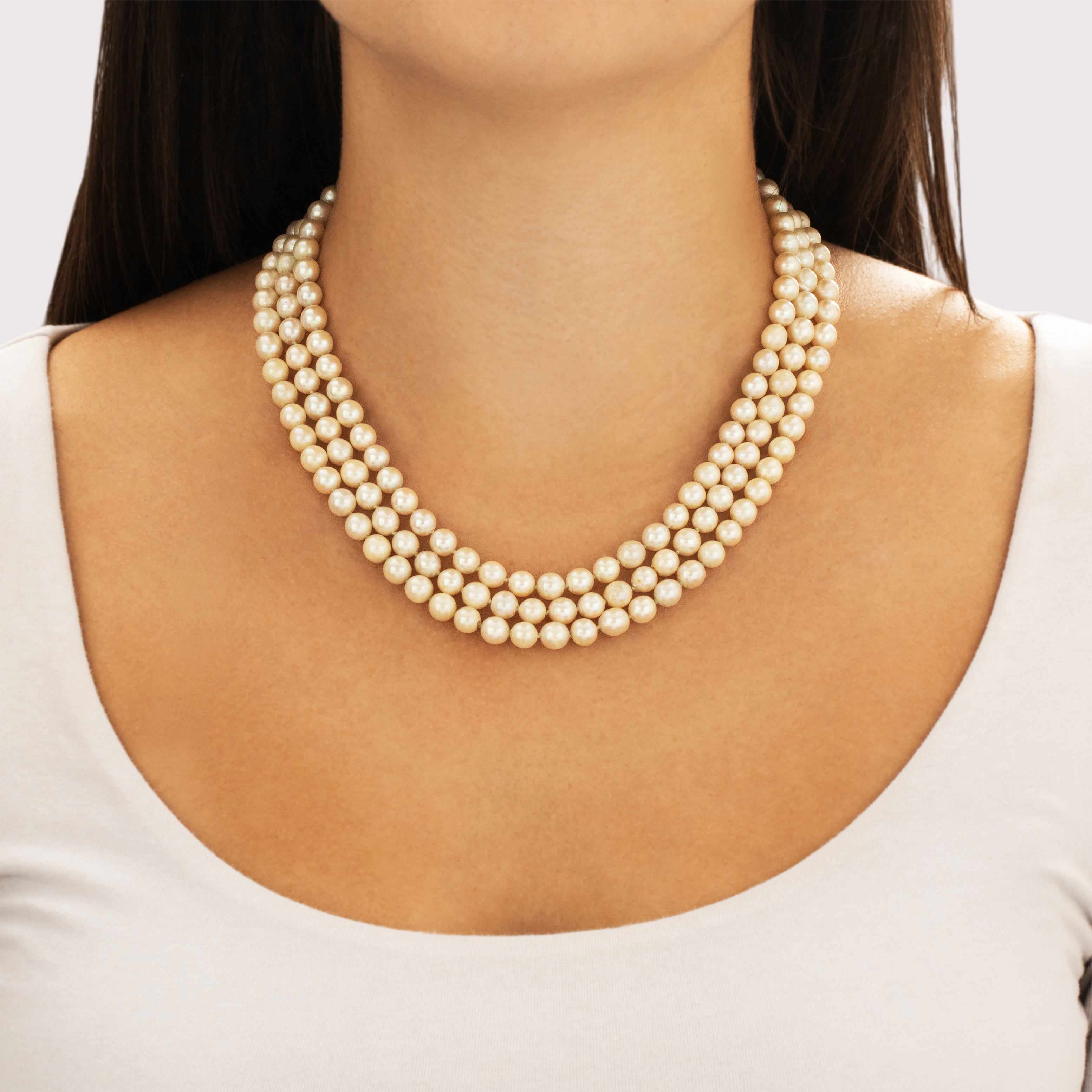 Vintage 18k White & Yellow Gold Pearl Emerald Diamond Incredible Triple Layer Flower Clasp Necklace - On model view
