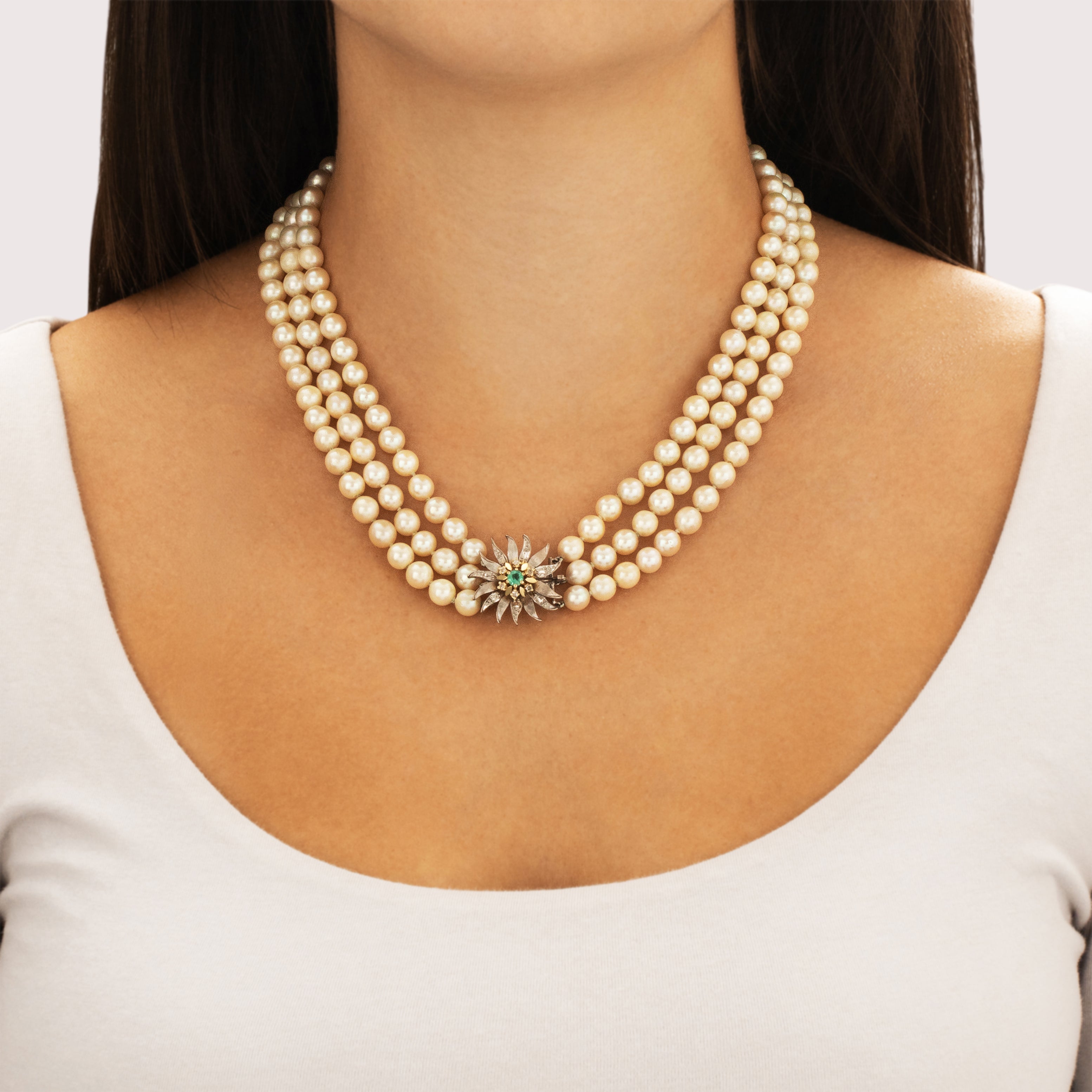 Vintage 18k White & Yellow Gold Pearl Emerald Diamond Incredible Triple Layer Flower Clasp Necklace - On model view