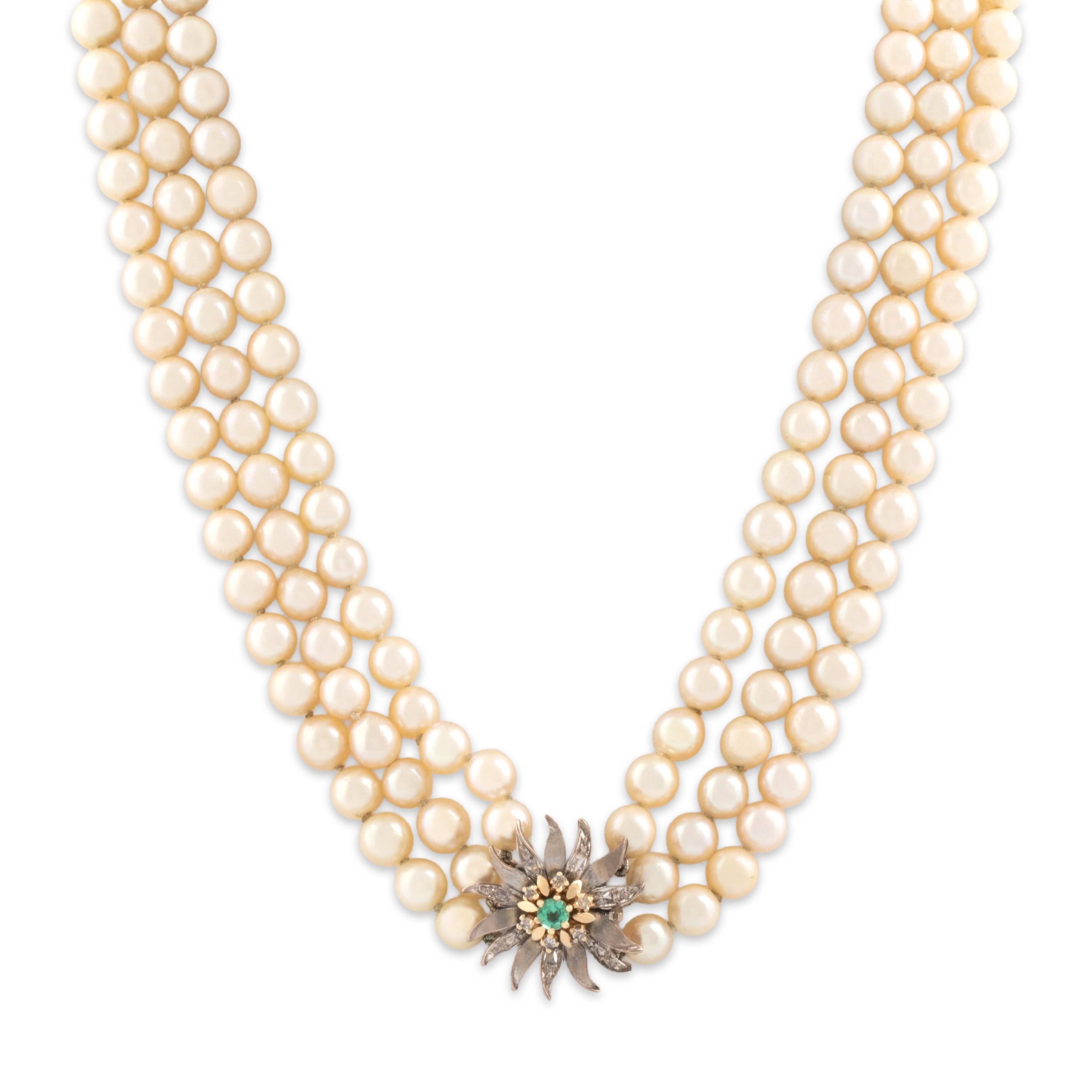Vintage 18k White & Yellow Gold Pearl Green Beryl Diamond Necklace 17