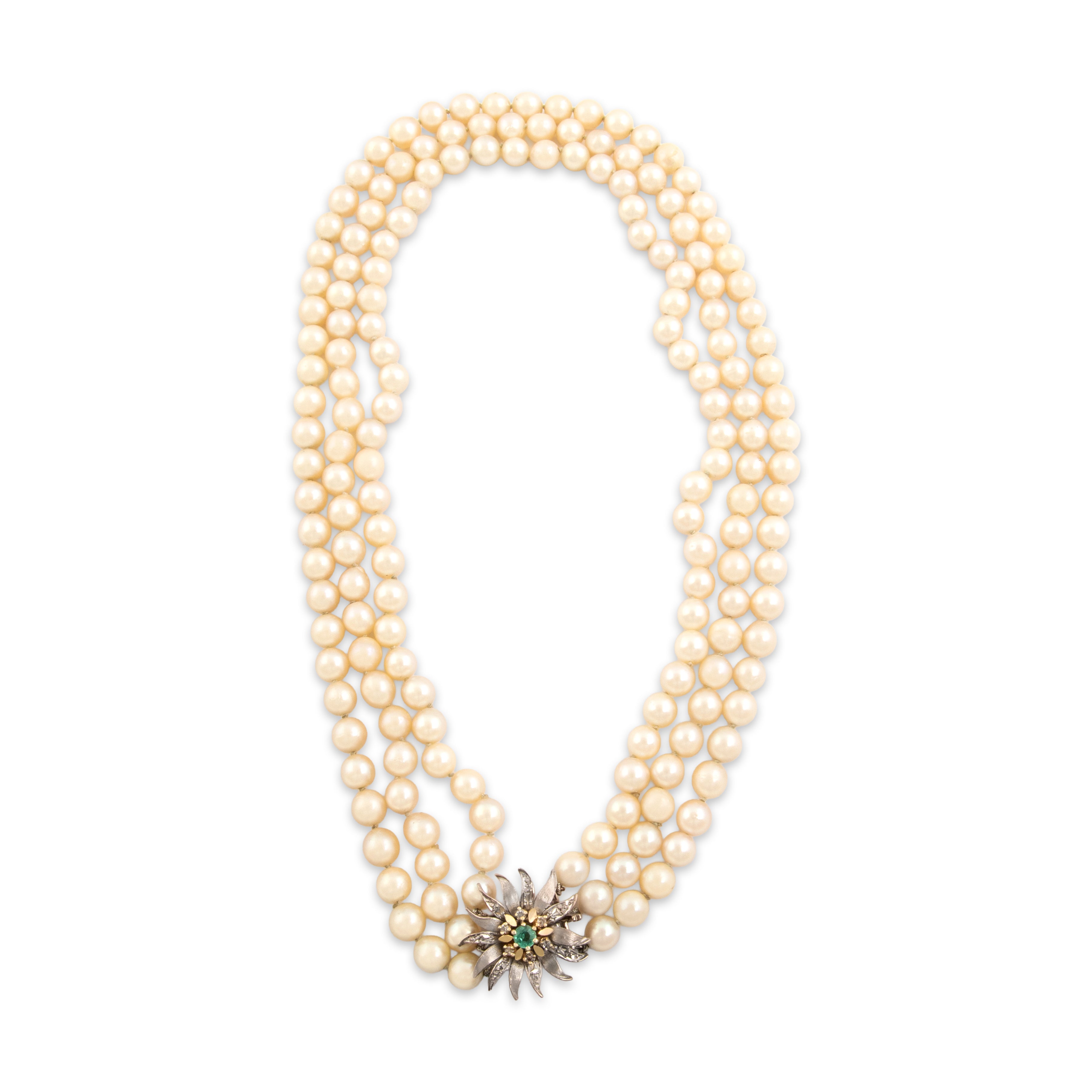 Vintage 18k White & Yellow Gold Pearl Green Beryl Diamond Necklace 17