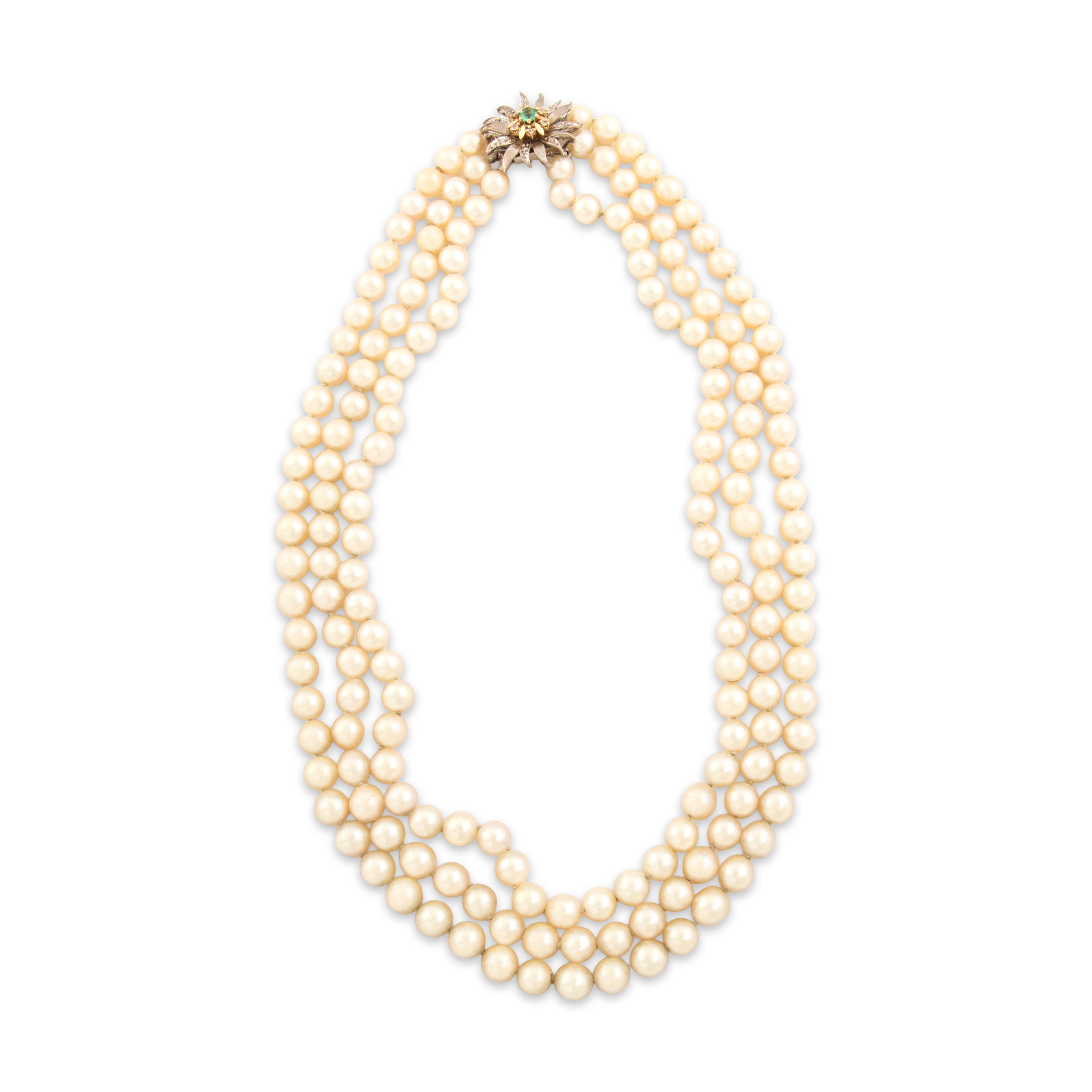 Vintage 18k White & Yellow Gold Pearl Emerald Diamond Incredible Triple Layer Flower Clasp Necklace - detail view #5