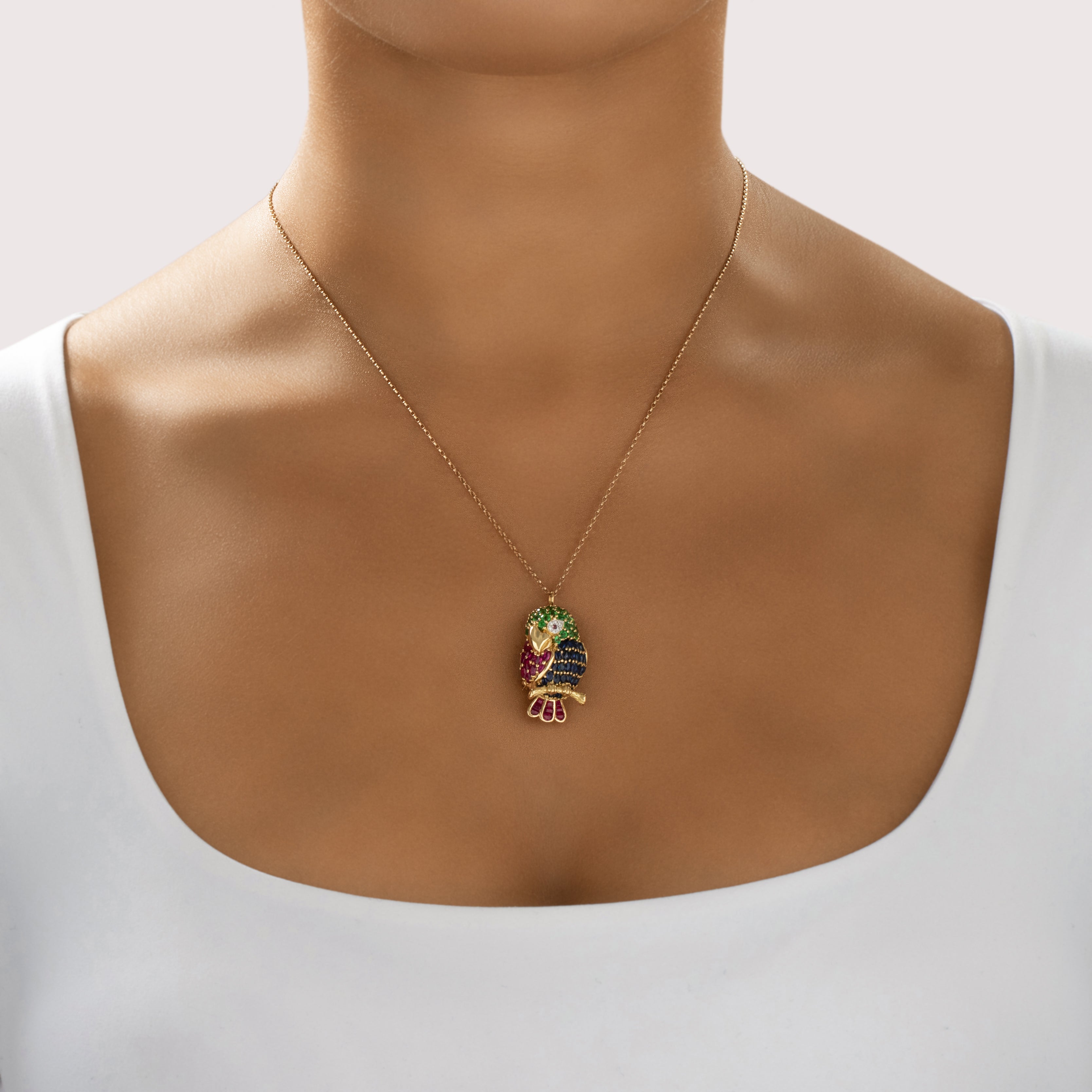 Vintage 18k Yellow Gold 1.25cttw Green Garnet 1.15cttw Blue Sapphire .72cttw Ruby Diamond Adorable Perched Parakeet Pin / Pendant - On model view