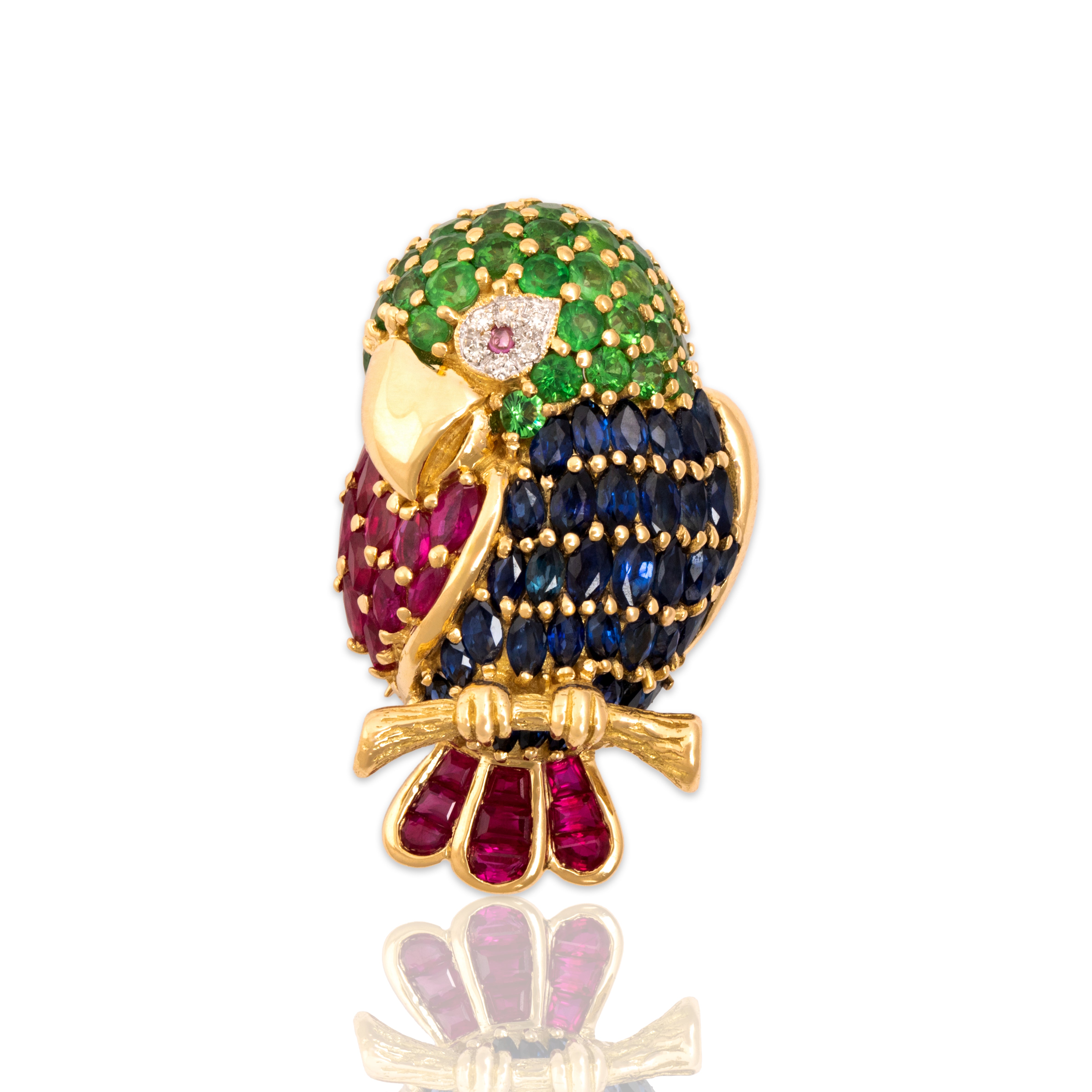 Vintage 18k Yellow Gold 1.25cttw Green Garnet 1.15cttw Blue Sapphire .72cttw Ruby Diamond Adorable Perched Parakeet Pin / Pendant - Close-up view