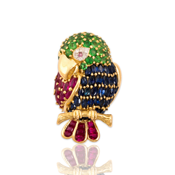 Vintage 18k Yellow Gold Multistone Adorable Perched Parakeet Pin / Pendant