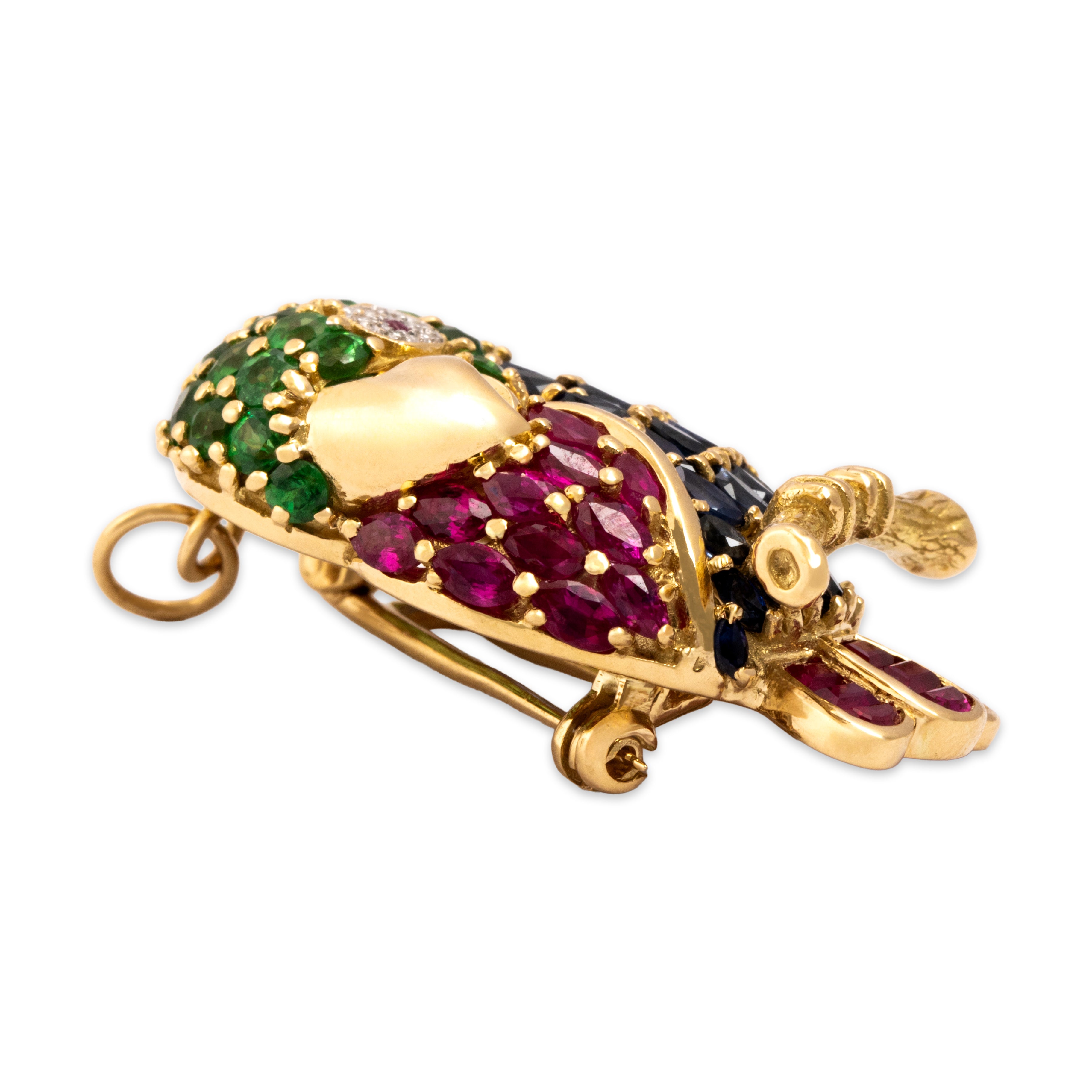 Vintage 18k Yellow Gold 1.25cttw Green Garnet 1.15cttw Blue Sapphire .72cttw Ruby Diamond Adorable Perched Parakeet Pin / Pendant - Side view