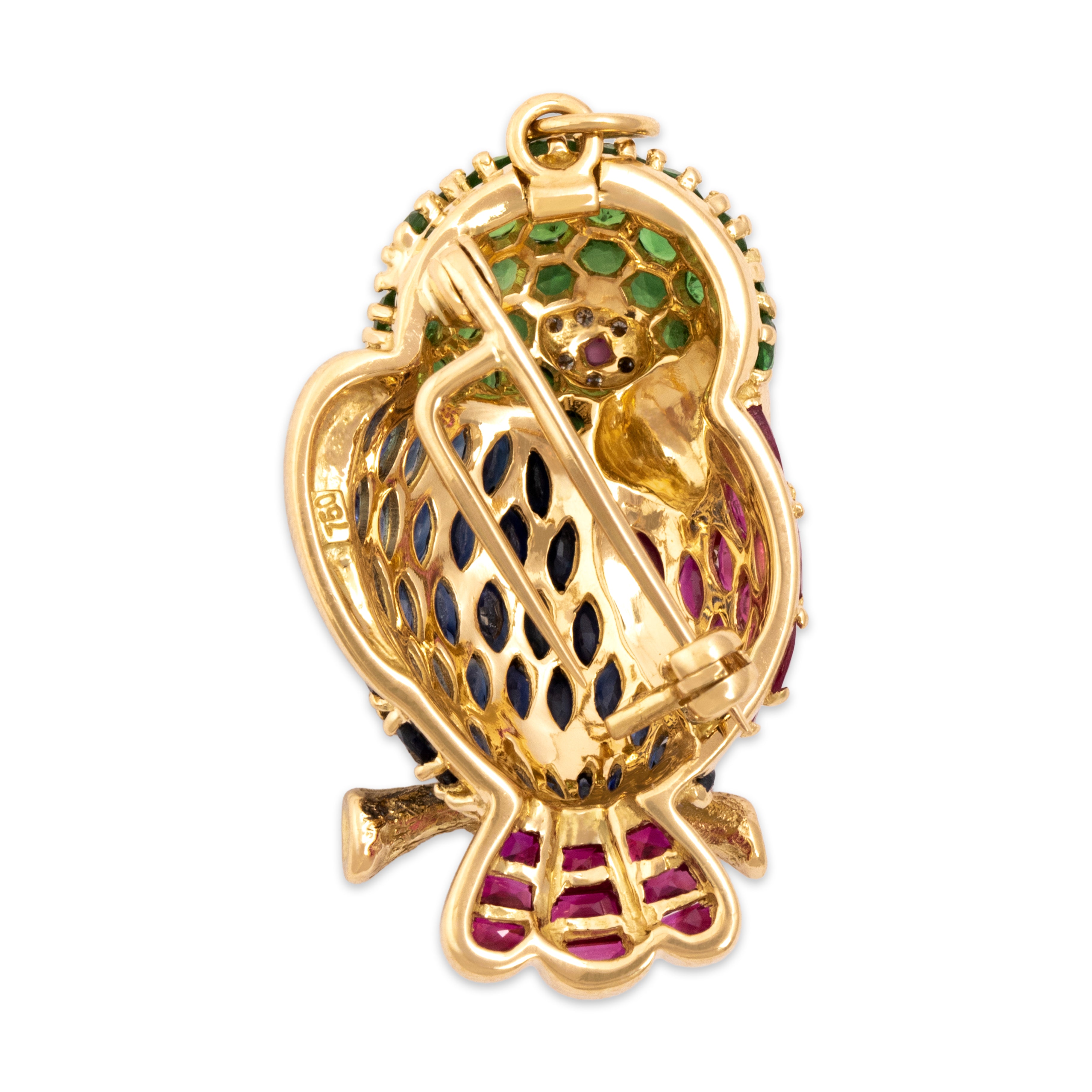 Vintage 18k Yellow Gold 1.25cttw Green Garnet 1.15cttw Blue Sapphire .72cttw Ruby Diamond Adorable Perched Parakeet Pin / Pendant - Back view