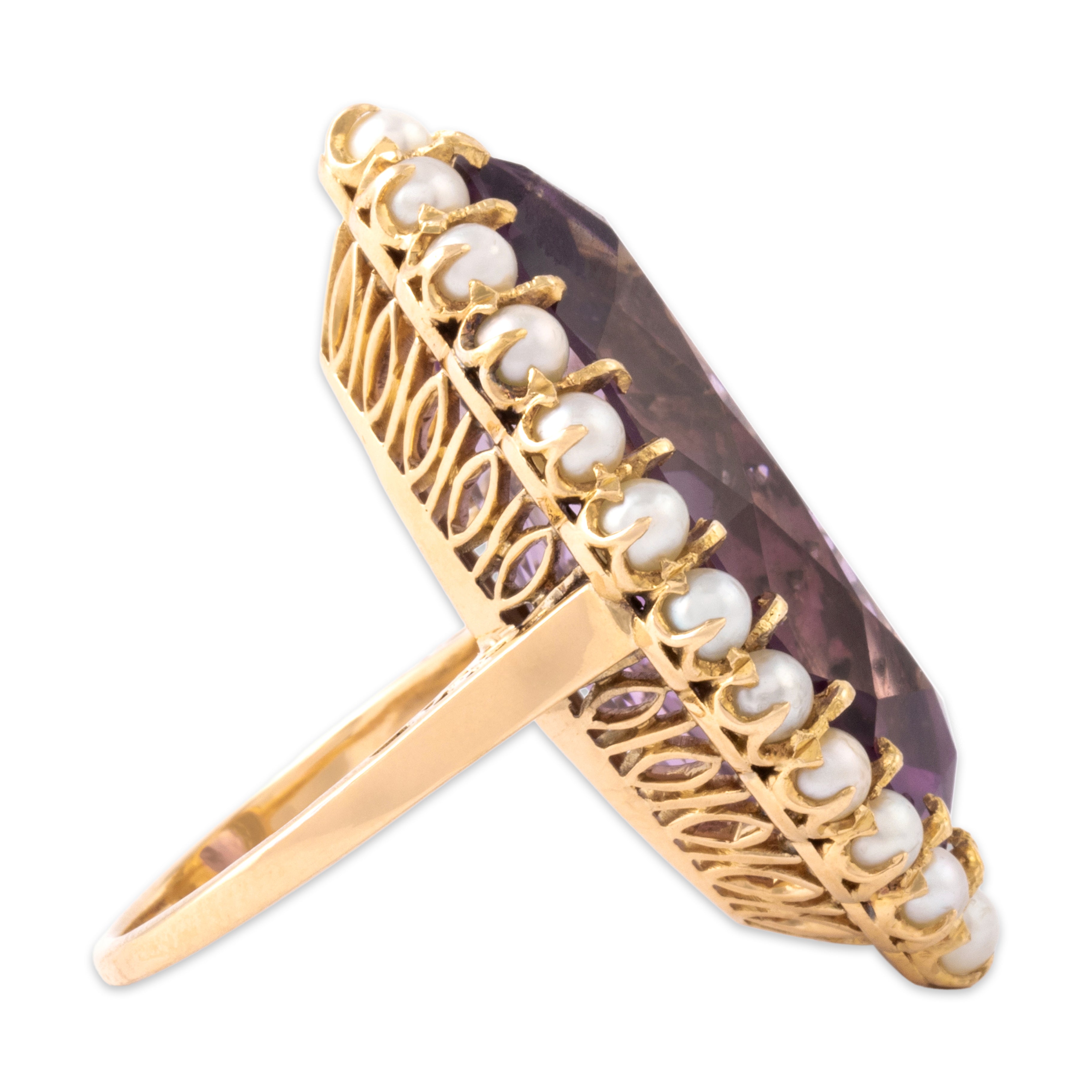 Vintage 18k Yellow Gold 16.47ct Amethyst Pearl Oversized Halo Cocktail Ring 5.75