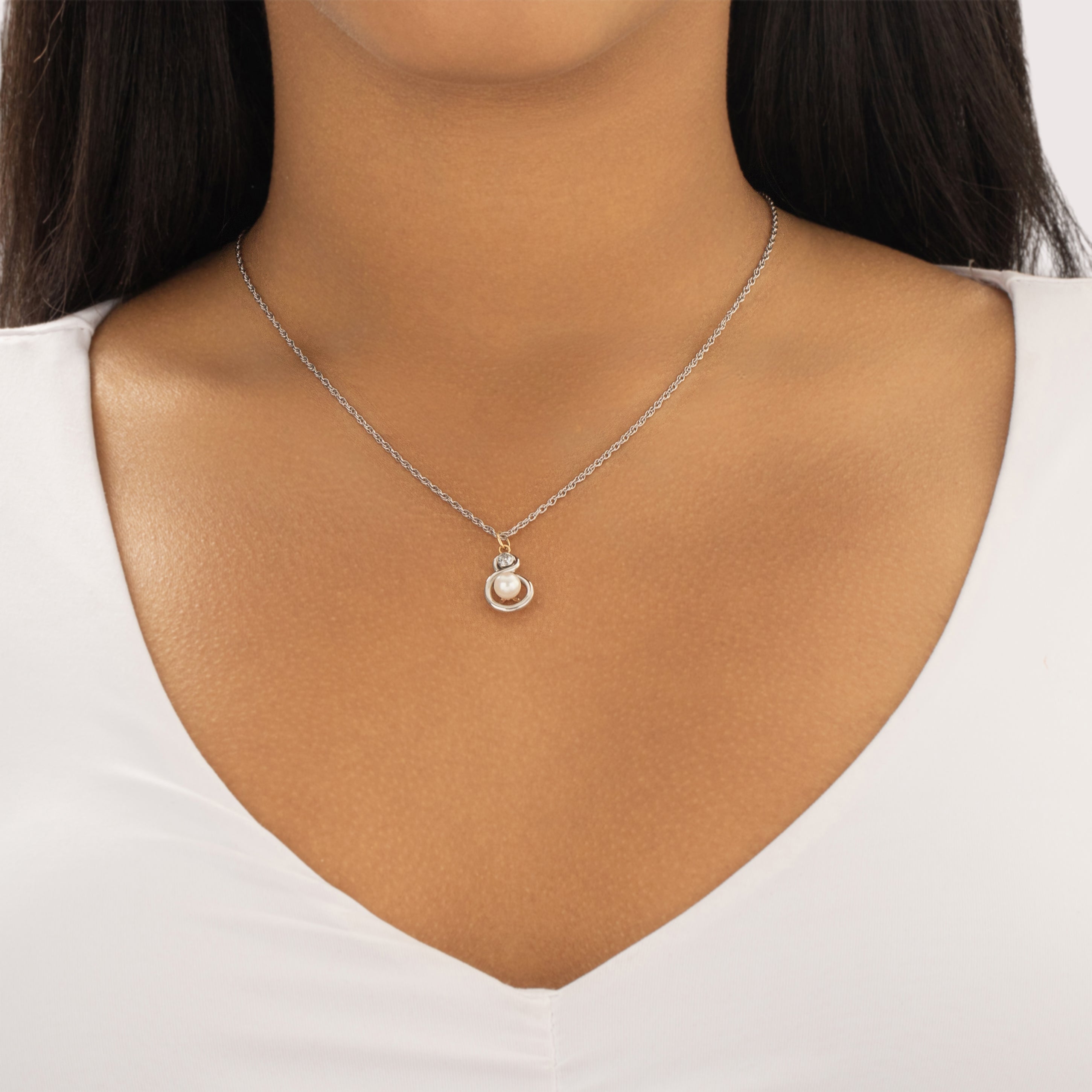 Antique Platinum & 18k Yellow Gold Pearl Old European Cut Diamond Luminous Bezel Duo Pendant - On model view