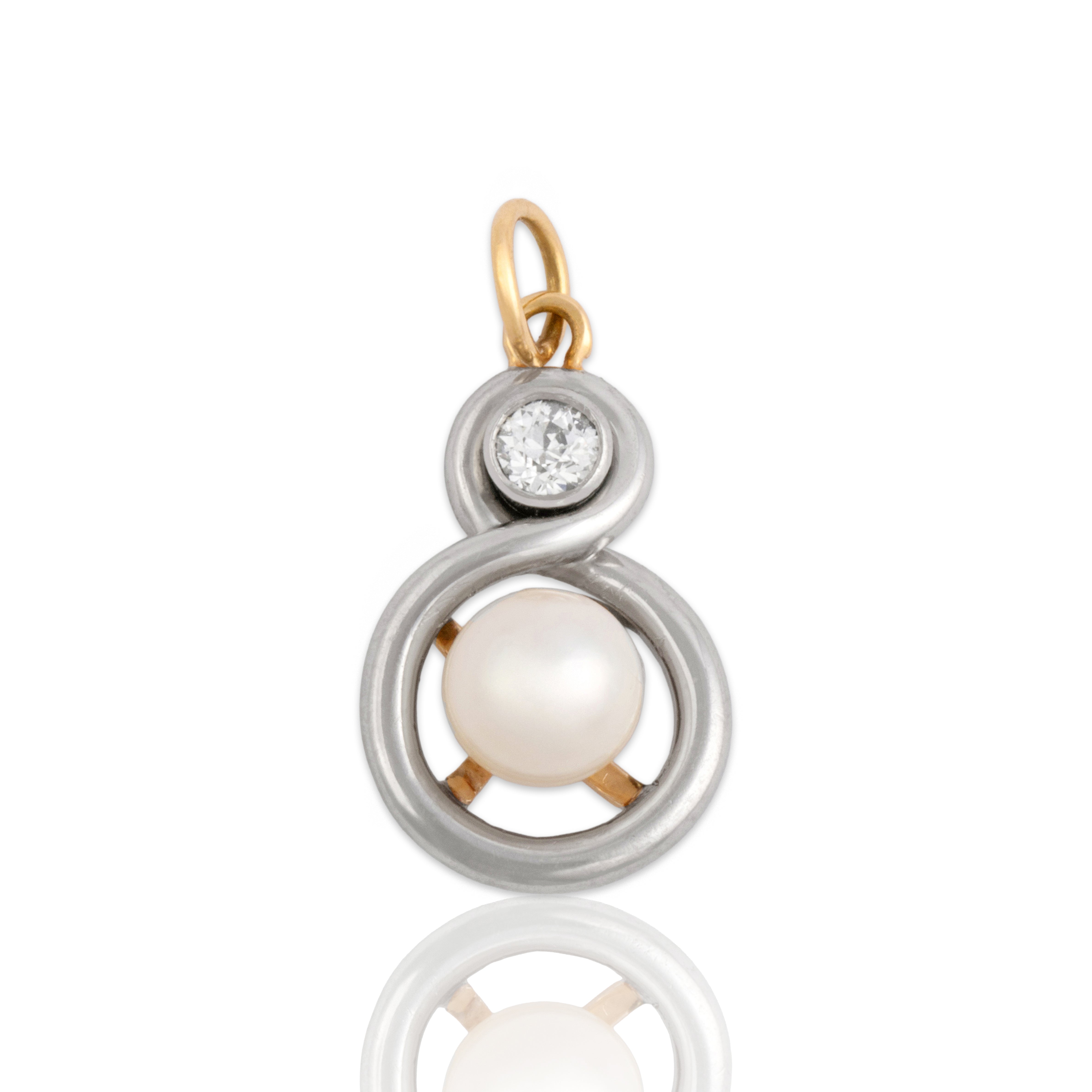 Antique Platinum & 18k Yellow Gold Pearl Old European Cut Diamond Duo Pendant