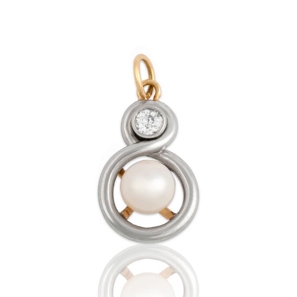 Antique Platinum & 18k Yellow Gold Pearl Old European Cut Diamond Duo Pendant