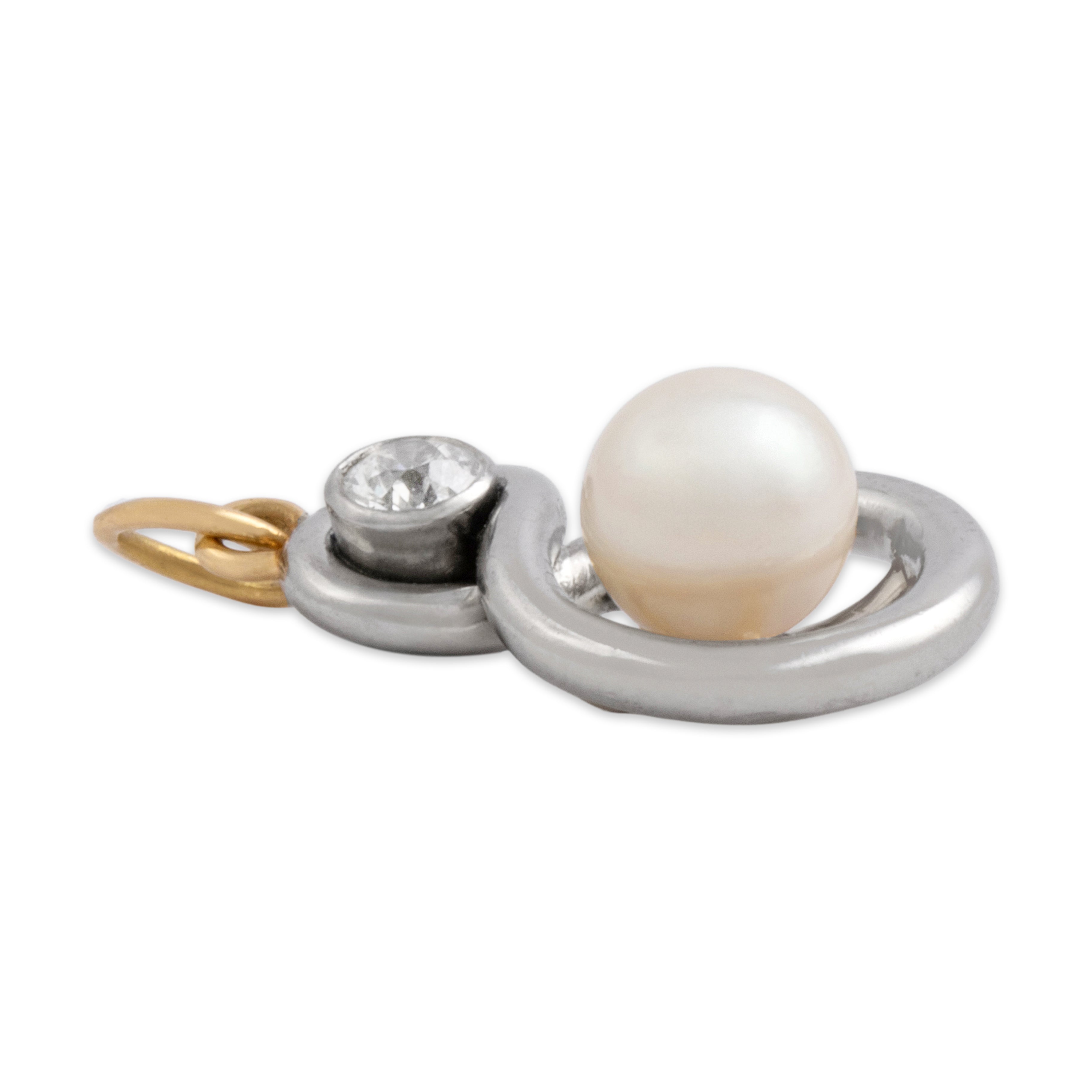 Antique Platinum & 18k Yellow Gold Pearl Old European Cut Diamond Duo Pendant
