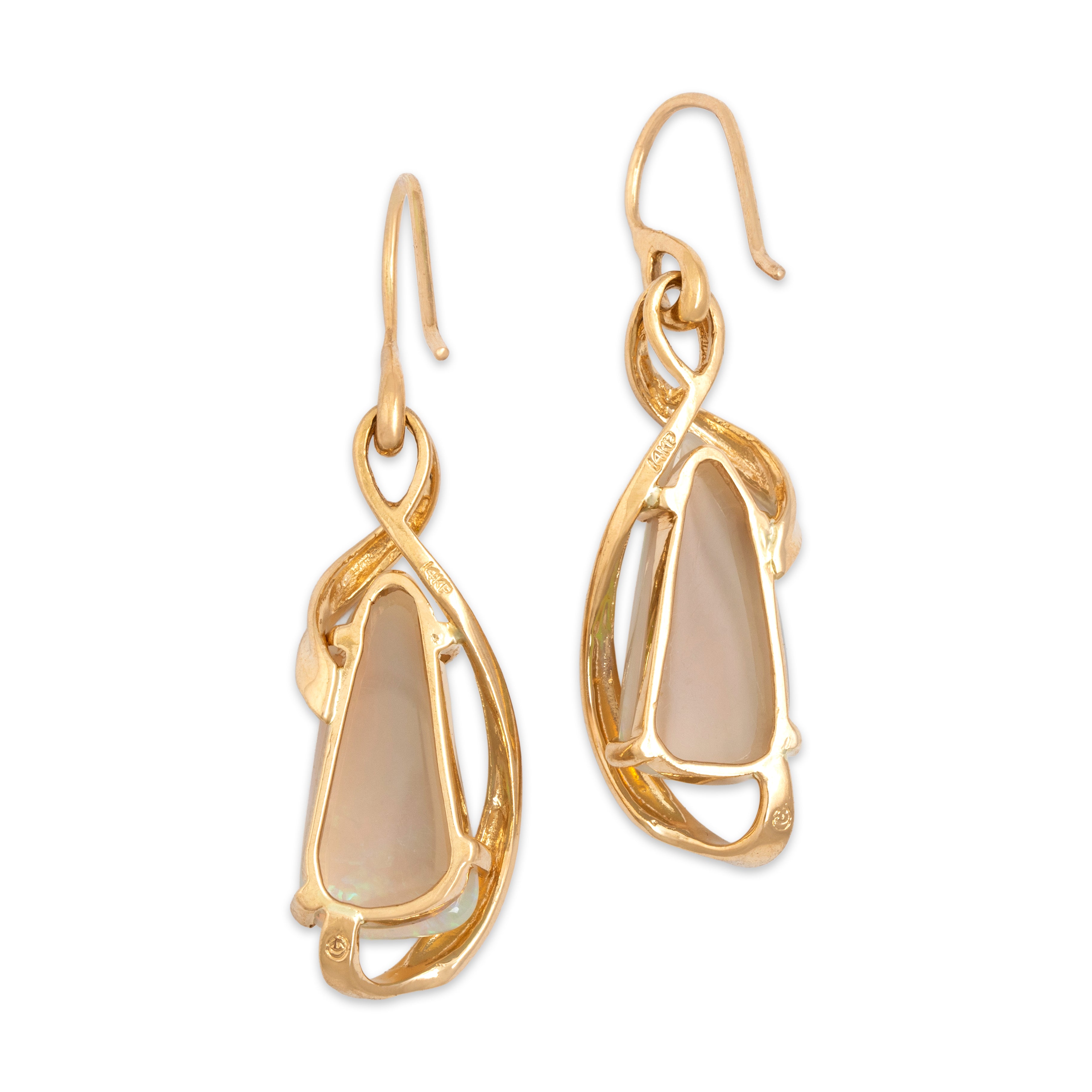 Vintage 14k Yellow Gold Opal Ribbon-Wrapped Iridescent Cabochon Dangle Earrings - Back view