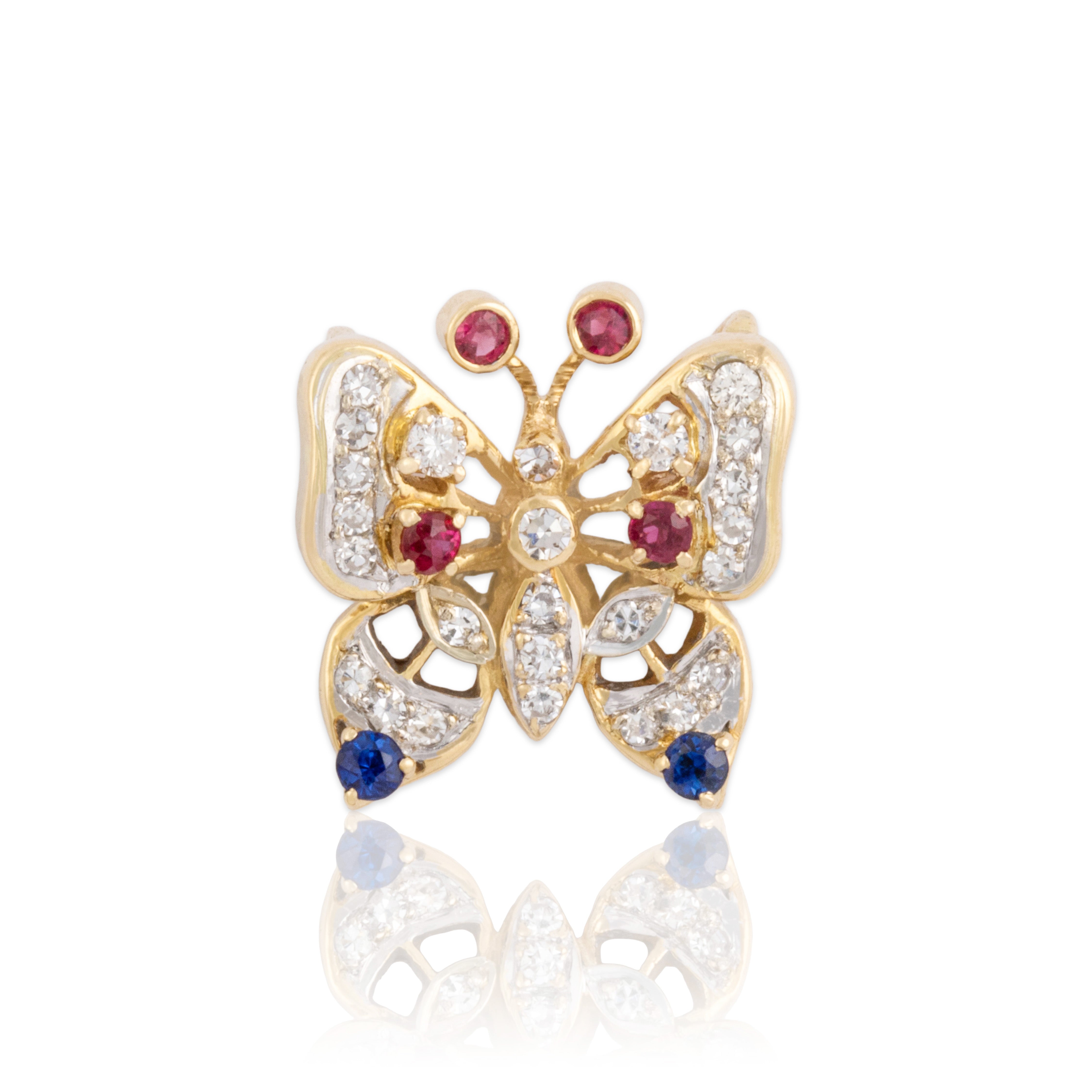 Vintage 18k Yellow & White Gold Diamond Ruby Blue Sapphire Butterfly Slide Pendant
